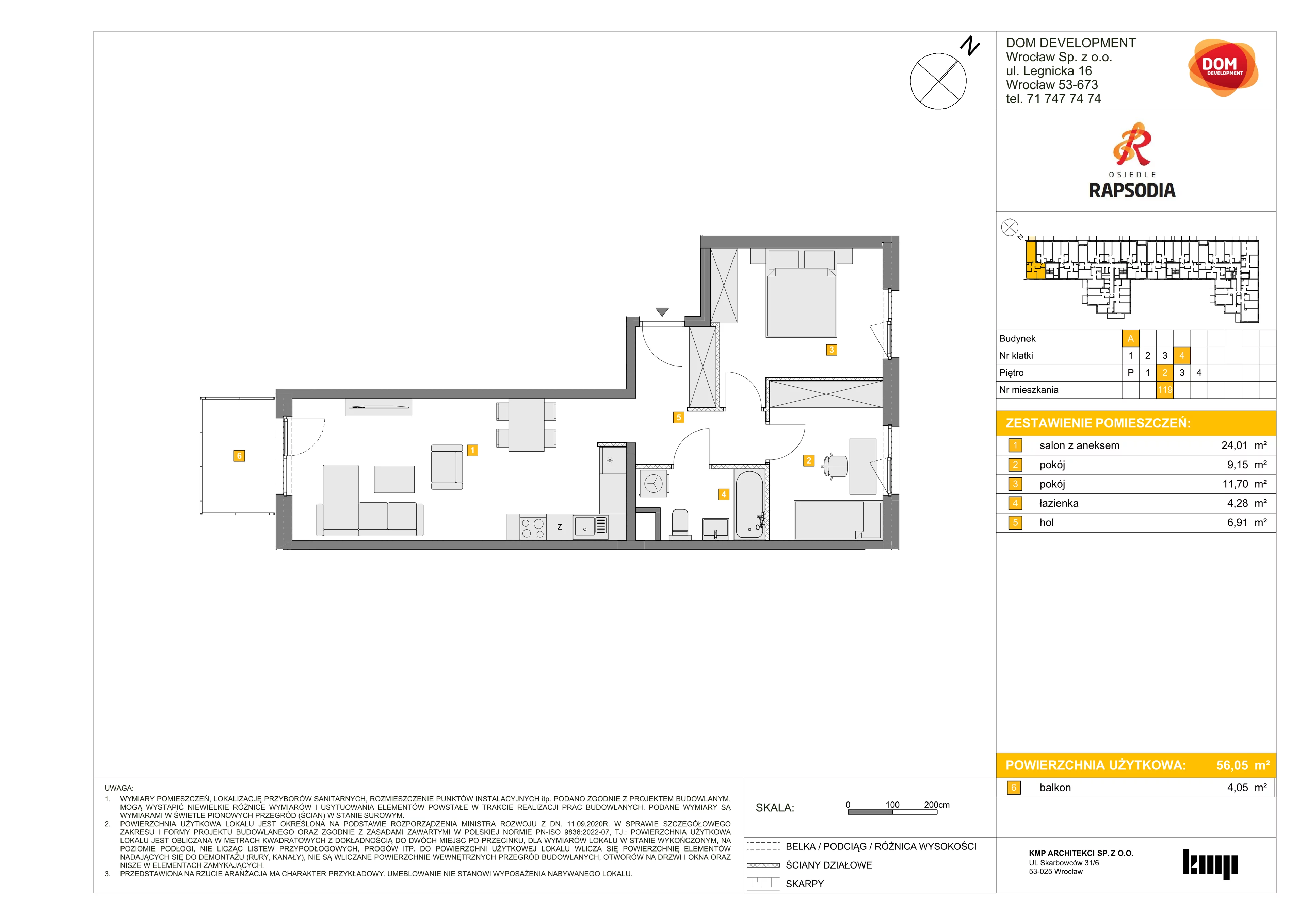 3 pokoje, mieszkanie 56,05 m², piętro 2, oferta nr A/119, Osiedle Rapsodia, Wrocław, Karłowice-Różanka, Różanka, ul. Wołowska 5