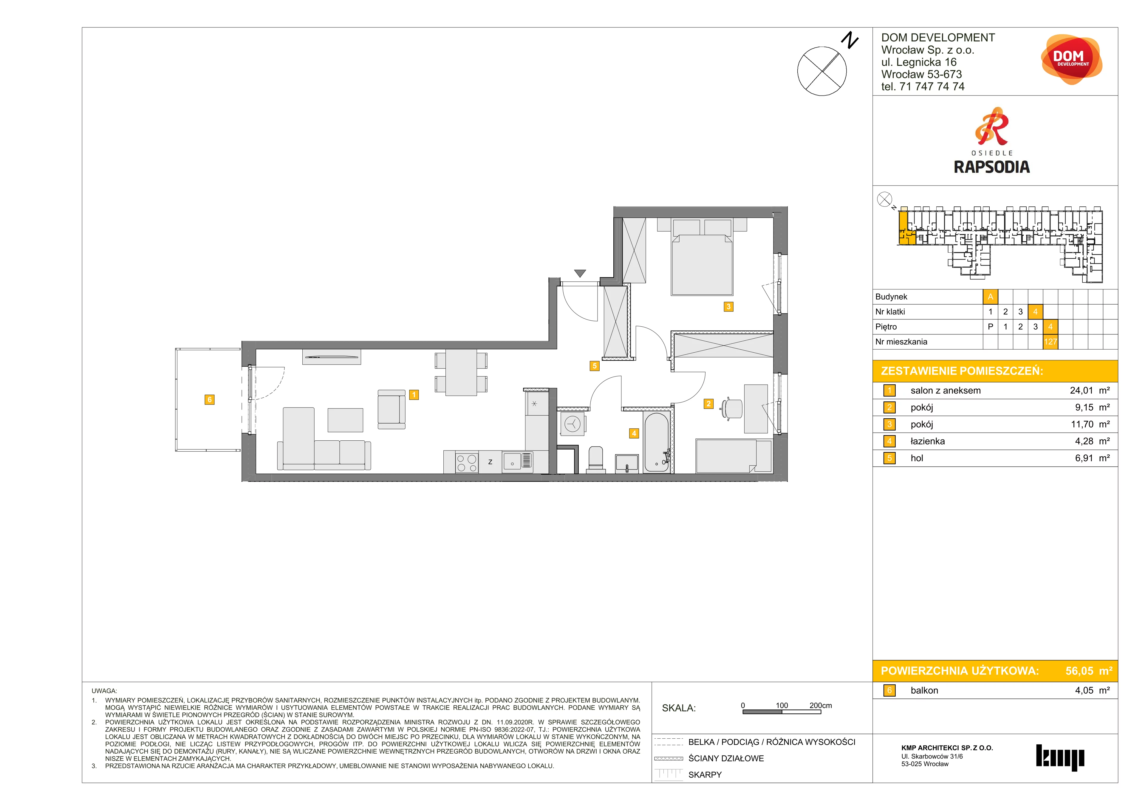 3 pokoje, mieszkanie 56,05 m², piętro 4, oferta nr A/127, Osiedle Rapsodia, Wrocław, Karłowice-Różanka, Różanka, ul. Wołowska 5