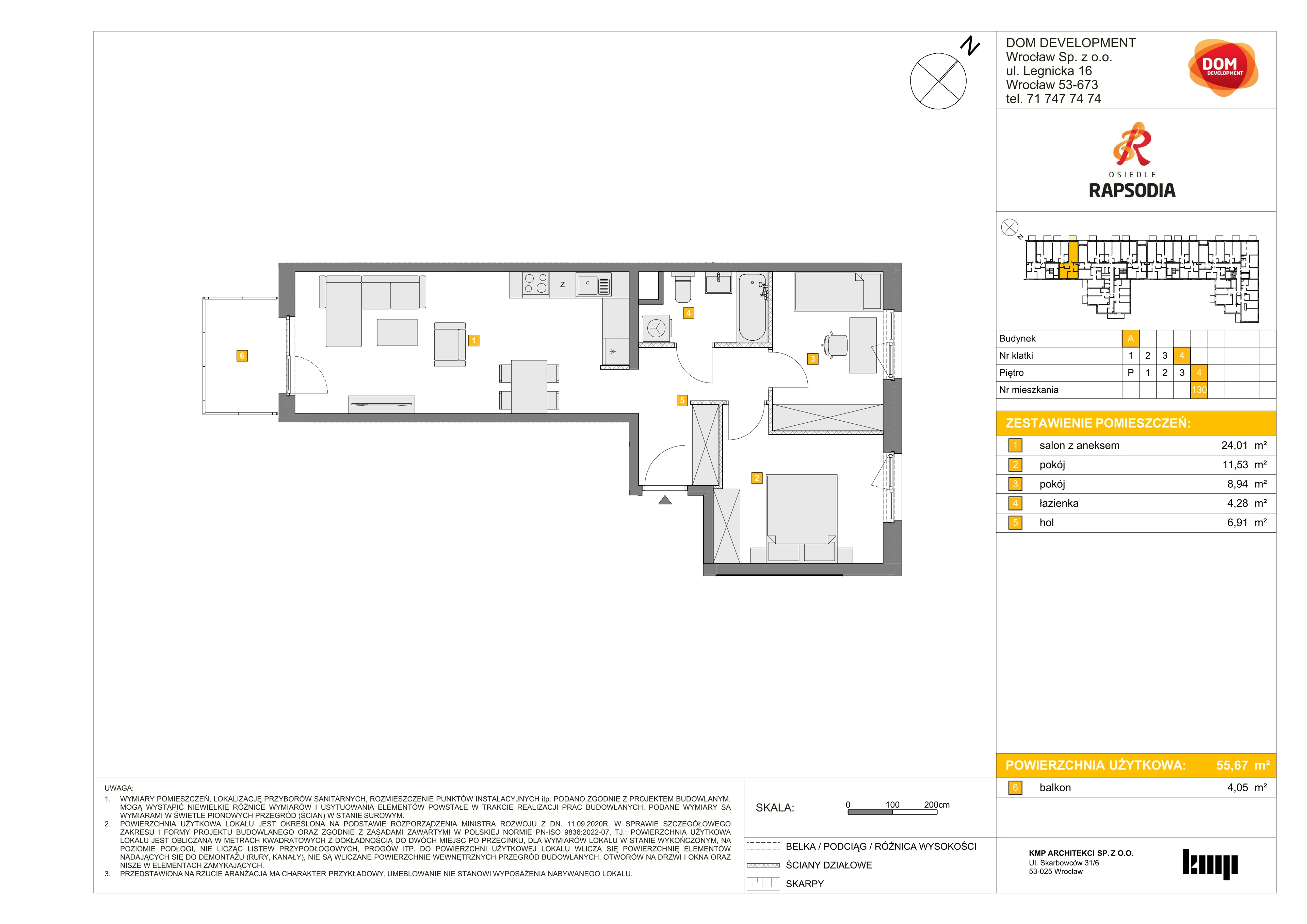 3 pokoje, mieszkanie 55,67 m², piętro 4, oferta nr A/130, Osiedle Rapsodia, Wrocław, Karłowice-Różanka, Różanka, ul. Wołowska 5