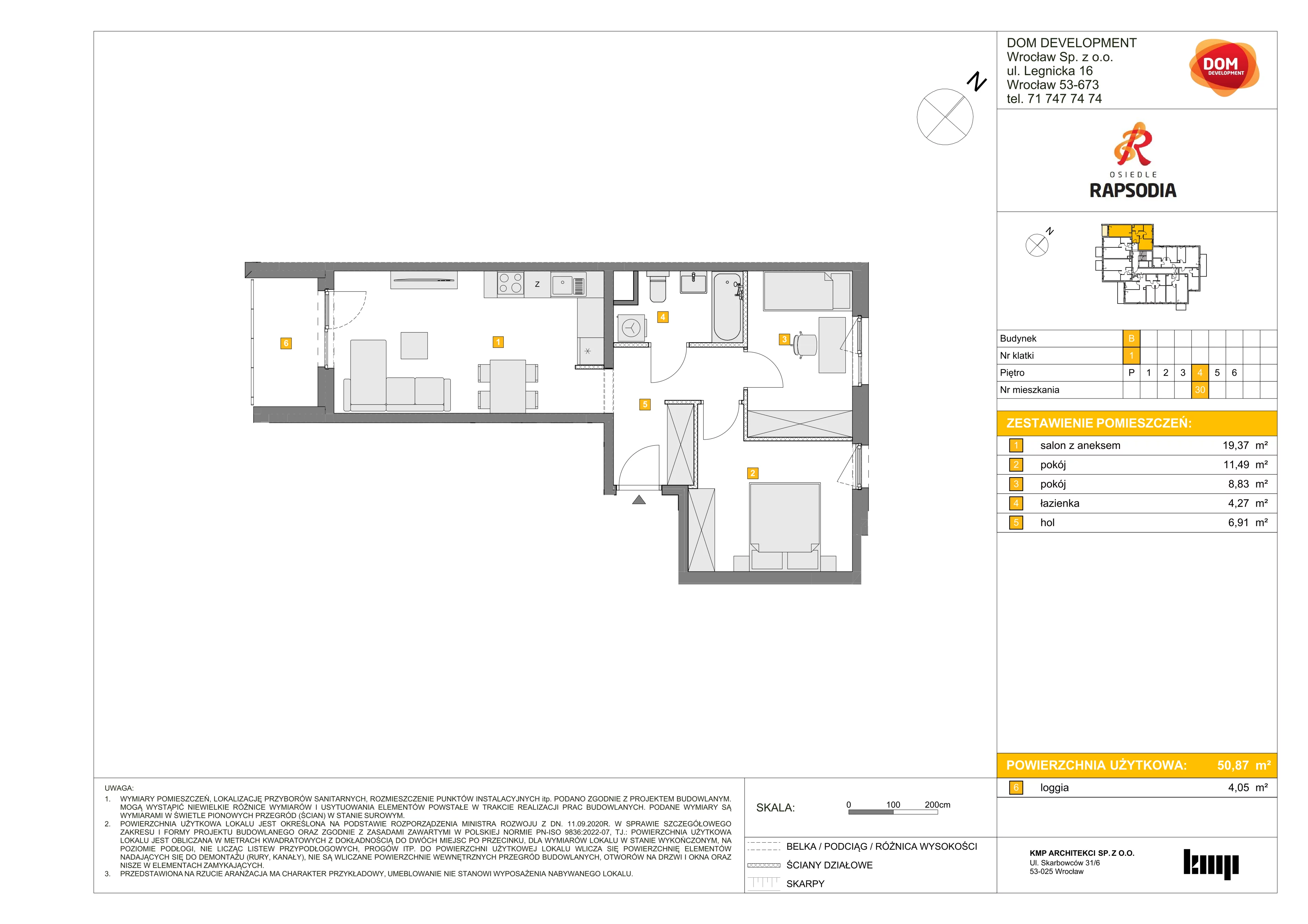 3 pokoje, mieszkanie 50,87 m², piętro 4, oferta nr B/30, Osiedle Rapsodia 2, Wrocław, Karłowice-Różanka, Różanka, ul. Wołowska 5
