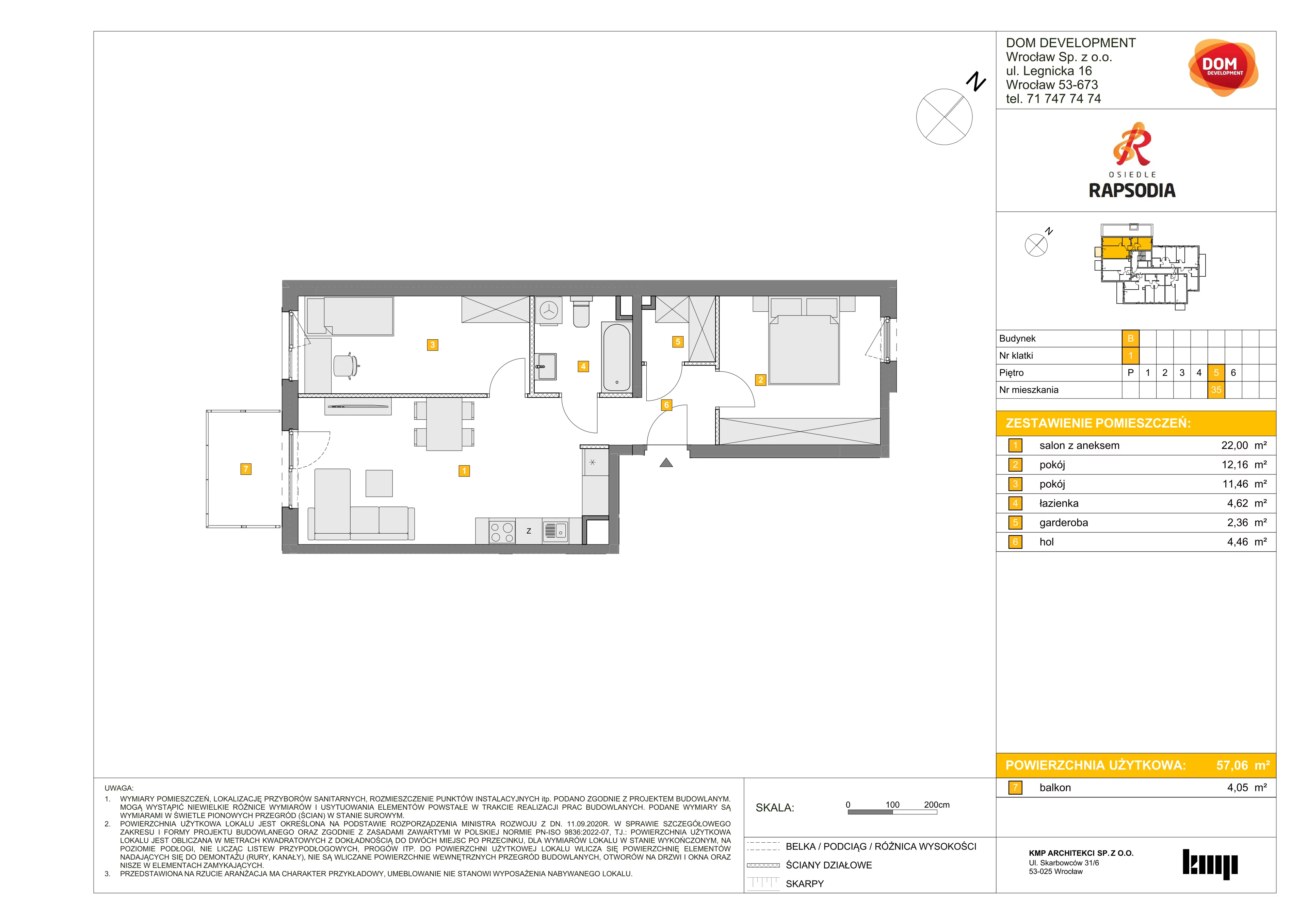 3 pokoje, mieszkanie 57,06 m², piętro 5, oferta nr B/35, Osiedle Rapsodia 2, Wrocław, Karłowice-Różanka, Różanka, ul. Wołowska 5