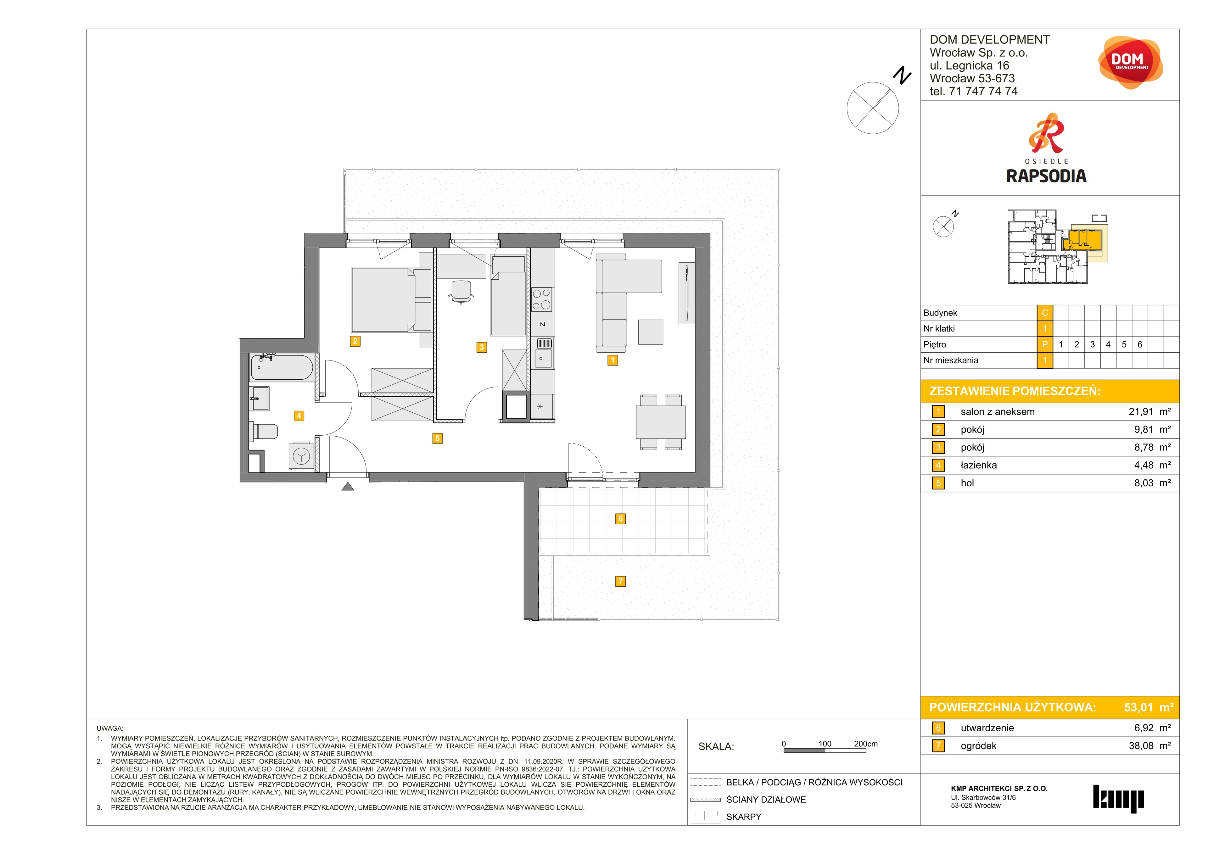 3 pokoje, mieszkanie 53,01 m², parter, oferta nr C/1, Osiedle Rapsodia 2, Wrocław, Karłowice-Różanka, Różanka, ul. Wołowska 5