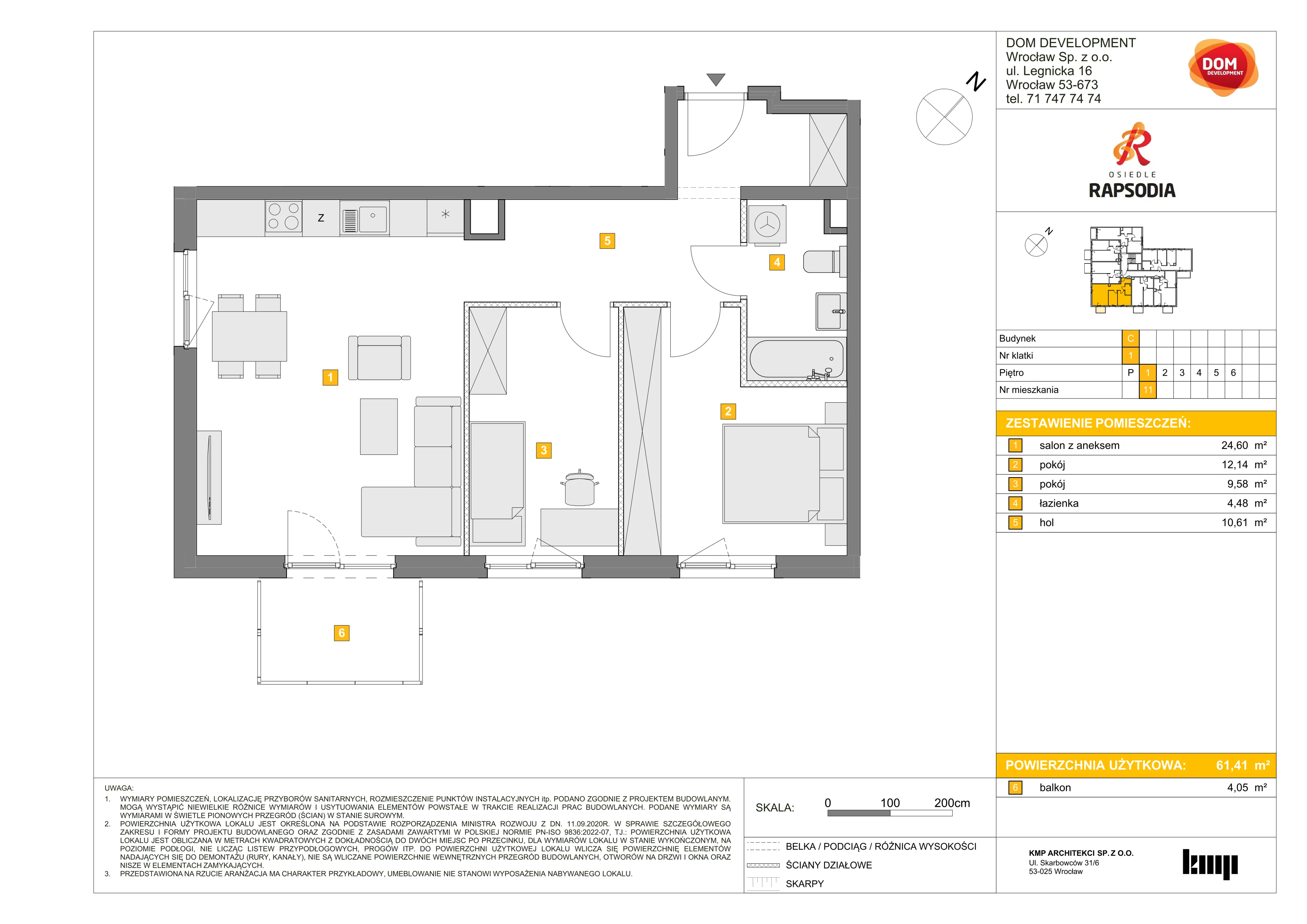 3 pokoje, mieszkanie 61,41 m², piętro 1, oferta nr C/11, Osiedle Rapsodia 2, Wrocław, Karłowice-Różanka, Różanka, ul. Wołowska 5