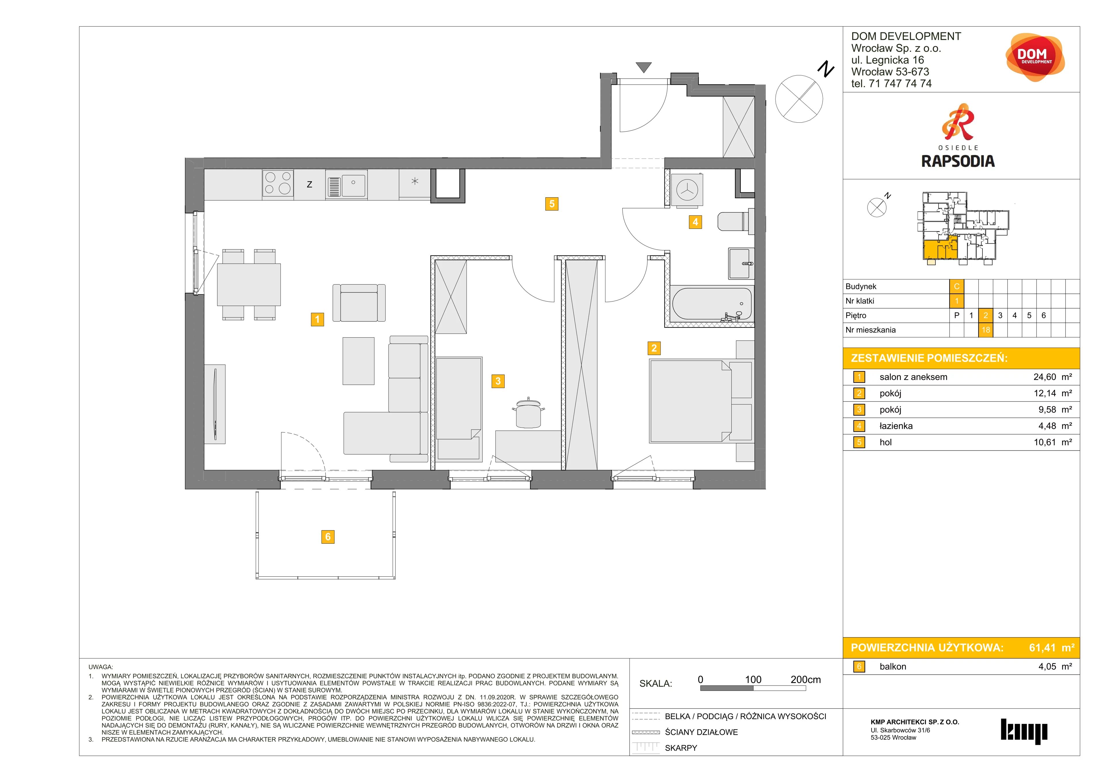 3 pokoje, mieszkanie 61,41 m², piętro 2, oferta nr C/18, Osiedle Rapsodia 2, Wrocław, Karłowice-Różanka, Różanka, ul. Wołowska 5