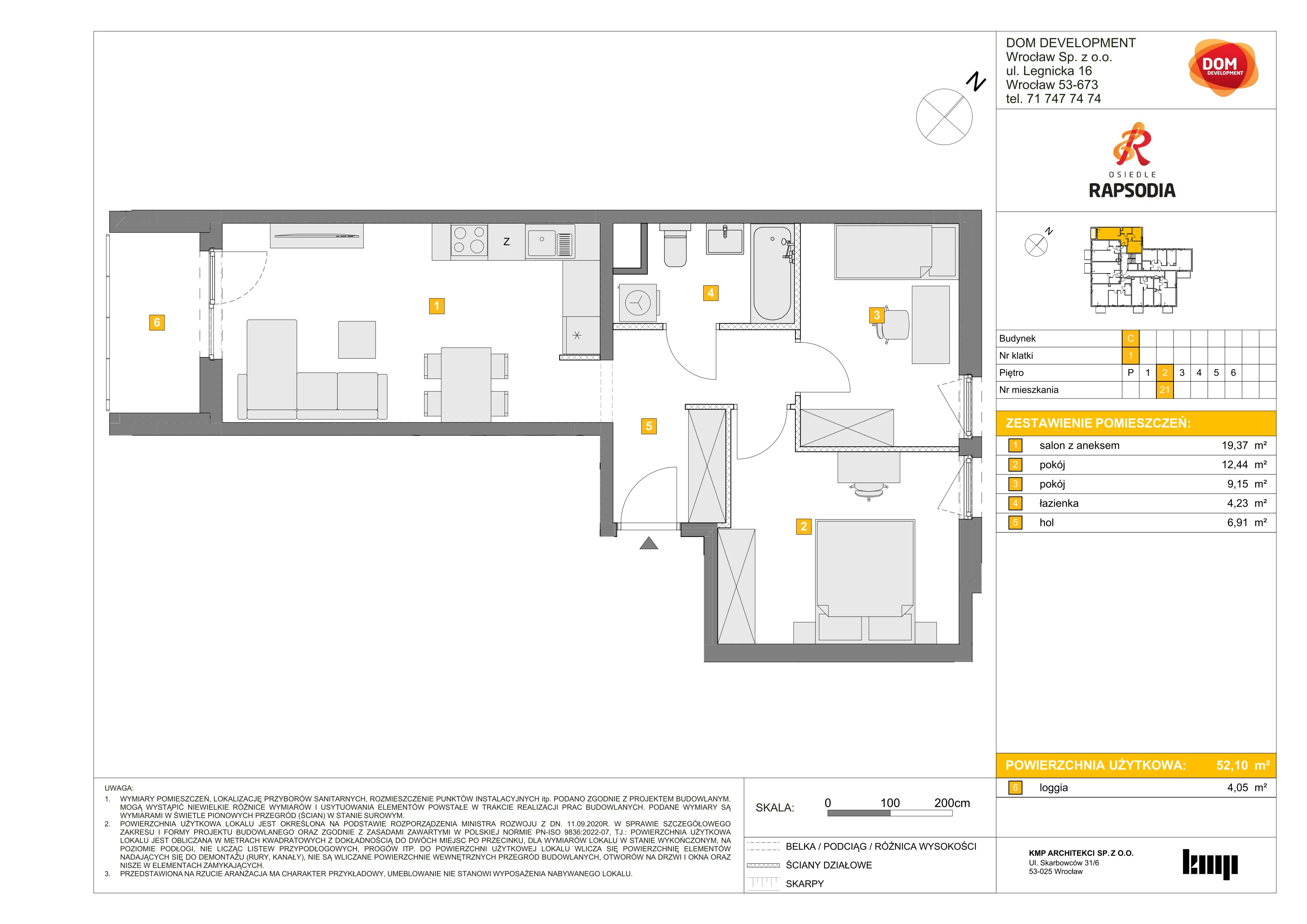 3 pokoje, mieszkanie 52,10 m², piętro 2, oferta nr C/21, Osiedle Rapsodia 2, Wrocław, Karłowice-Różanka, Różanka, ul. Wołowska 5