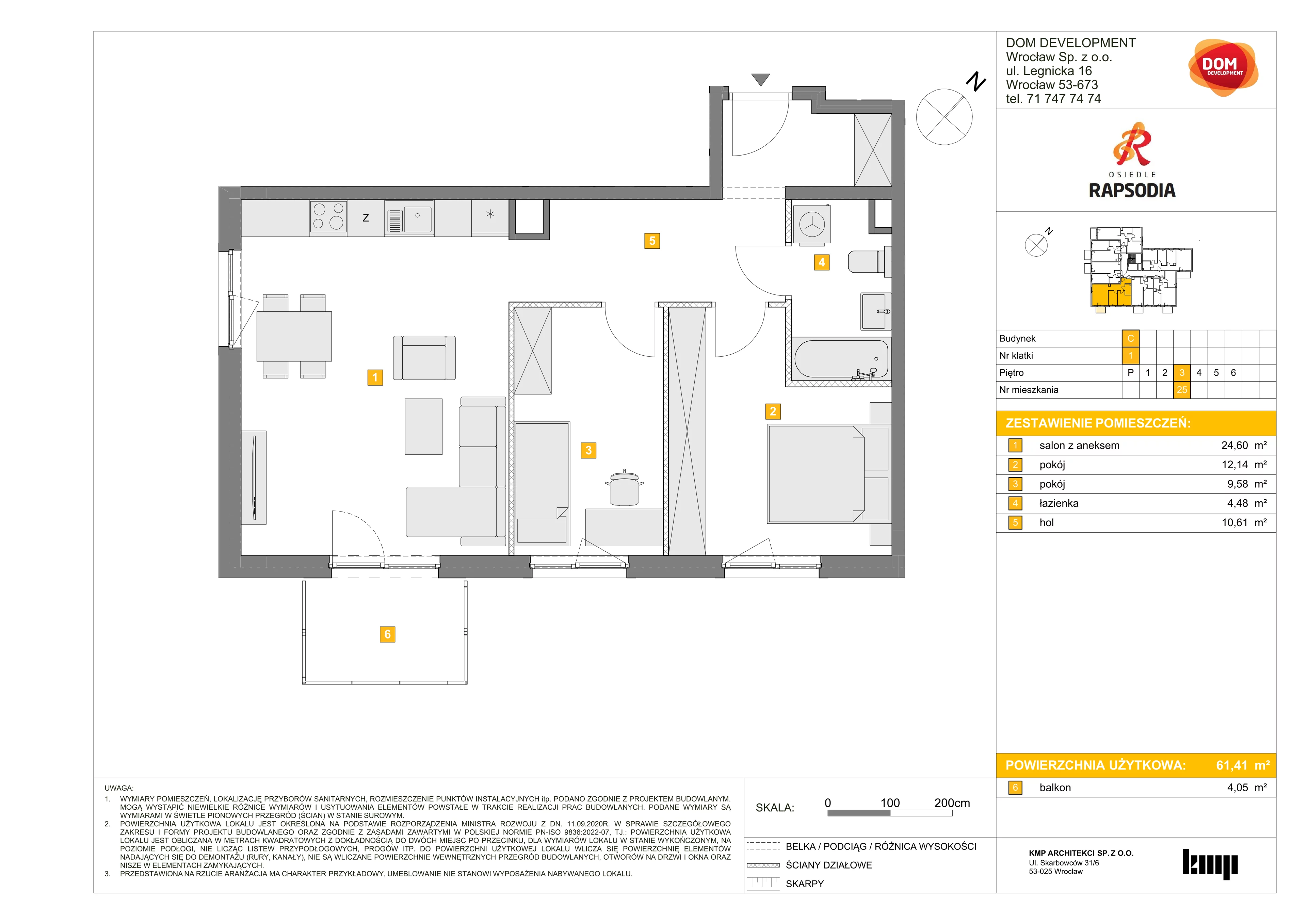 3 pokoje, mieszkanie 61,41 m², piętro 3, oferta nr C/25, Osiedle Rapsodia 2, Wrocław, Karłowice-Różanka, Różanka, ul. Wołowska 5