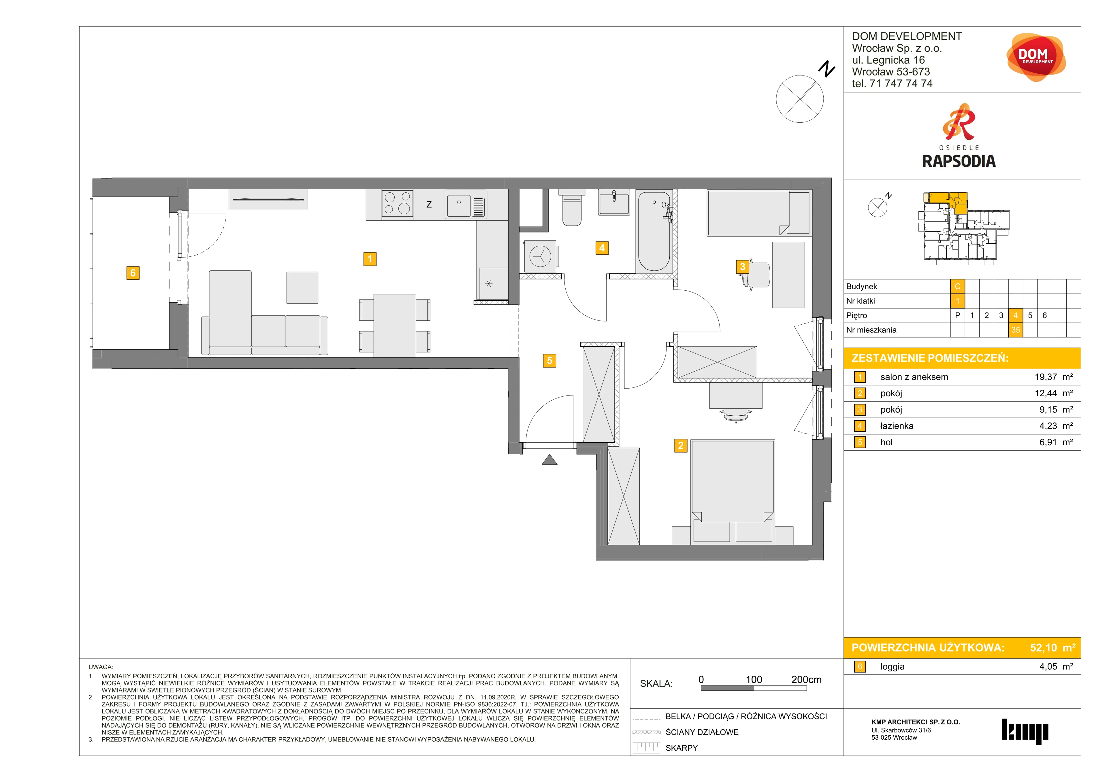 3 pokoje, mieszkanie 52,10 m², piętro 4, oferta nr C/35, Osiedle Rapsodia 2, Wrocław, Karłowice-Różanka, Różanka, ul. Wołowska 5
