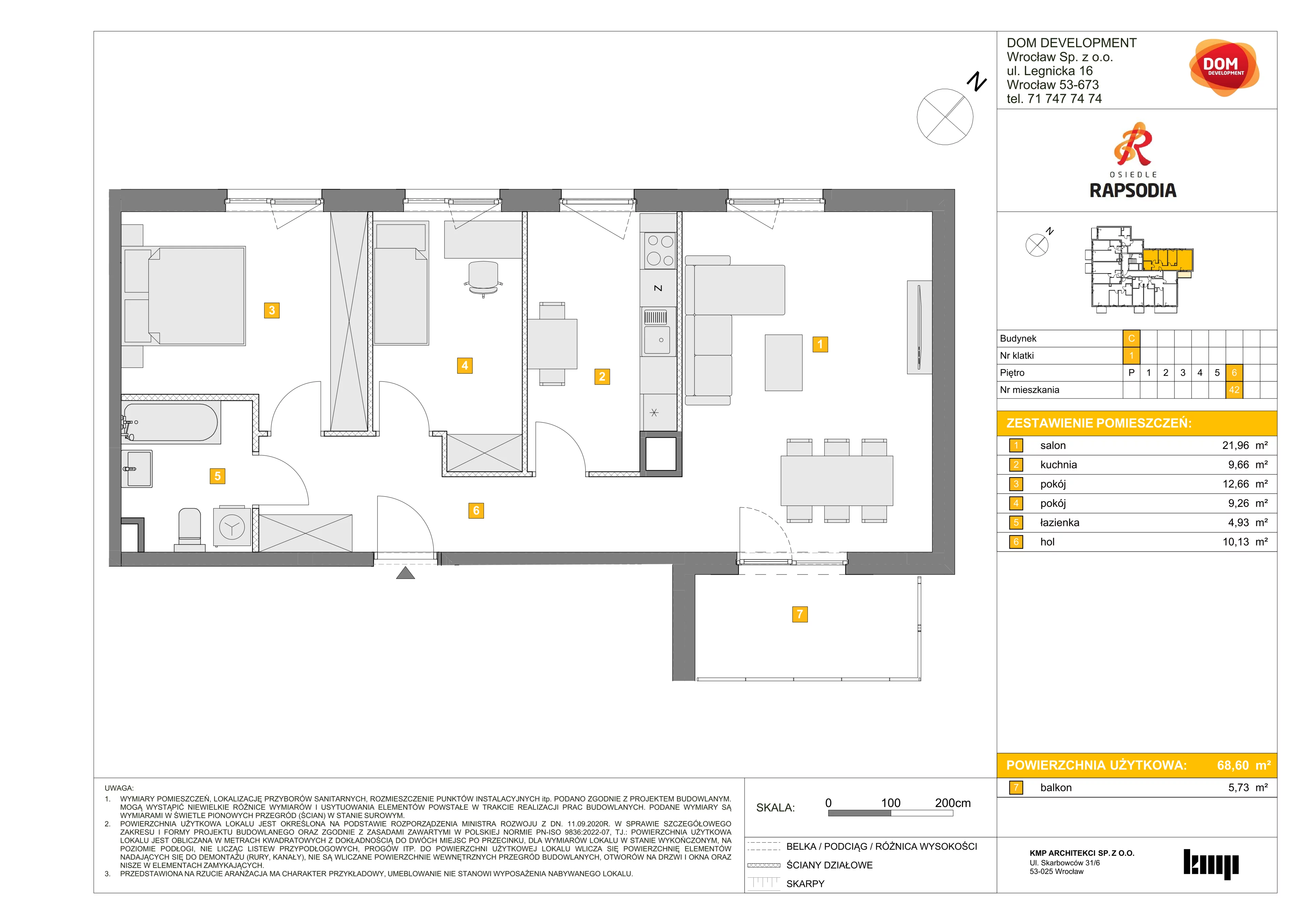 3 pokoje, mieszkanie 68,60 m², piętro 6, oferta nr C/42, Osiedle Rapsodia 2, Wrocław, Karłowice-Różanka, Różanka, ul. Wołowska 5