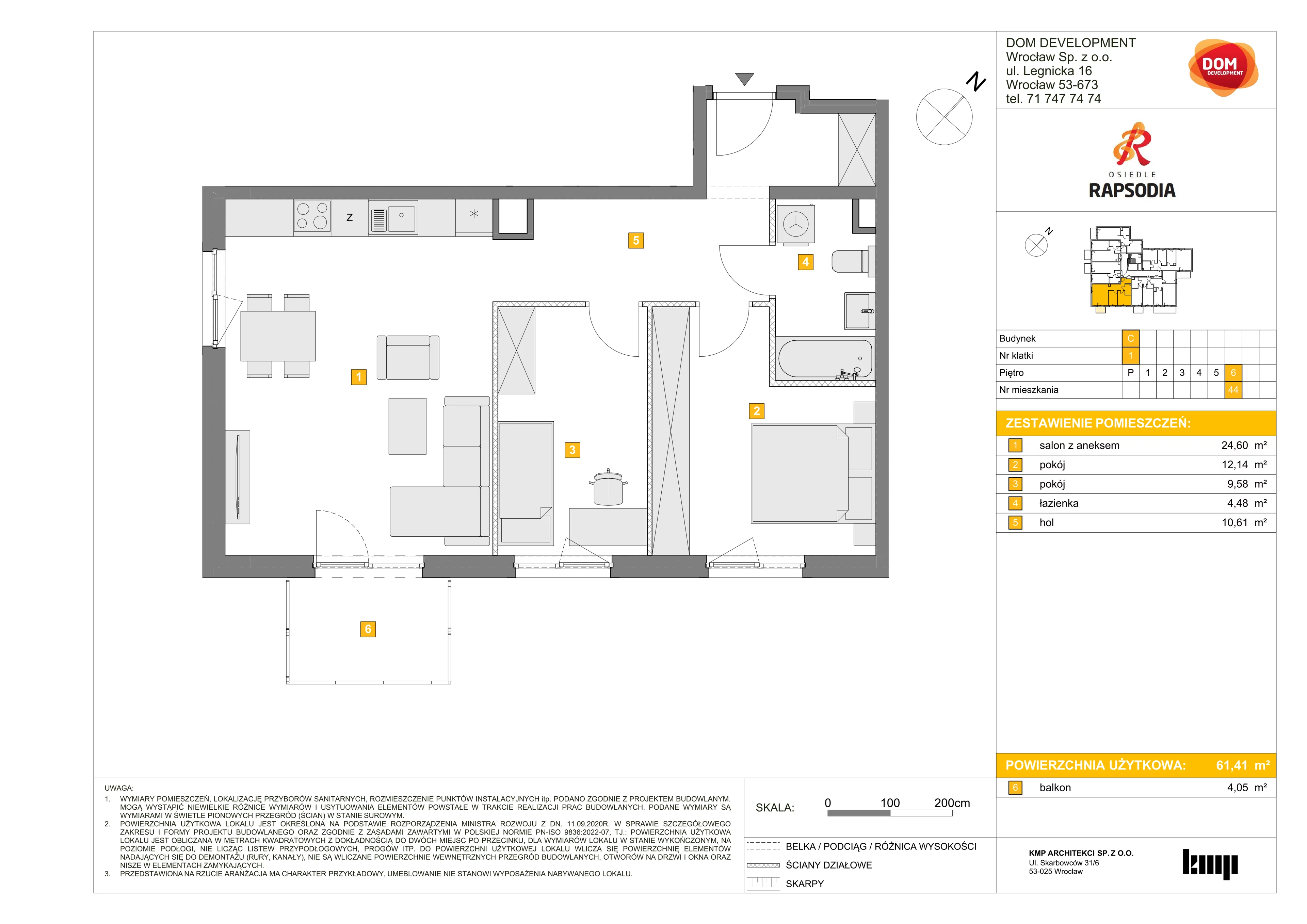 3 pokoje, mieszkanie 61,41 m², piętro 6, oferta nr C/44, Osiedle Rapsodia 2, Wrocław, Karłowice-Różanka, Różanka, ul. Wołowska 5