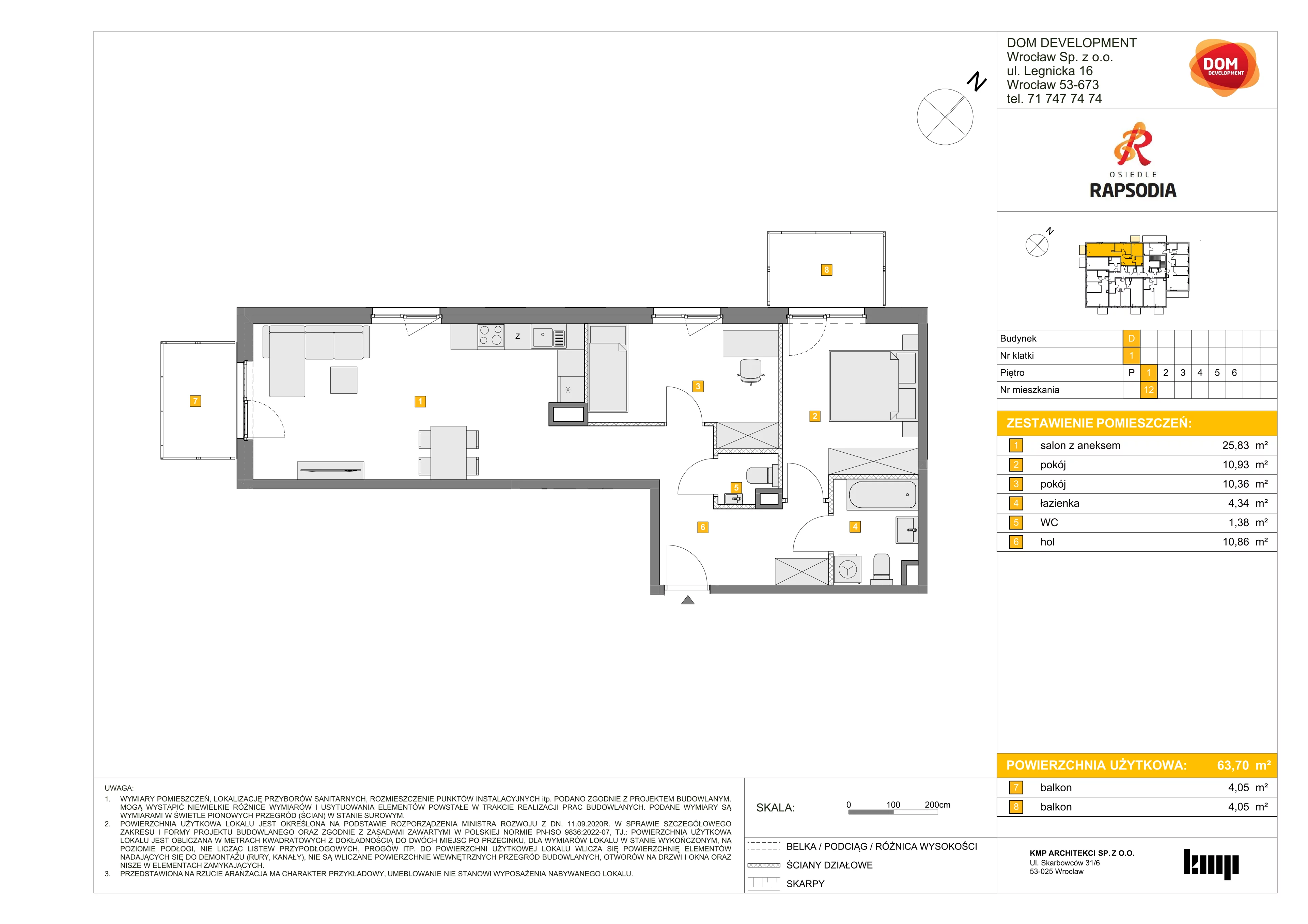 3 pokoje, mieszkanie 63,70 m², piętro 1, oferta nr D/12, Osiedle Rapsodia 2, Wrocław, Karłowice-Różanka, Różanka, ul. Wołowska 5