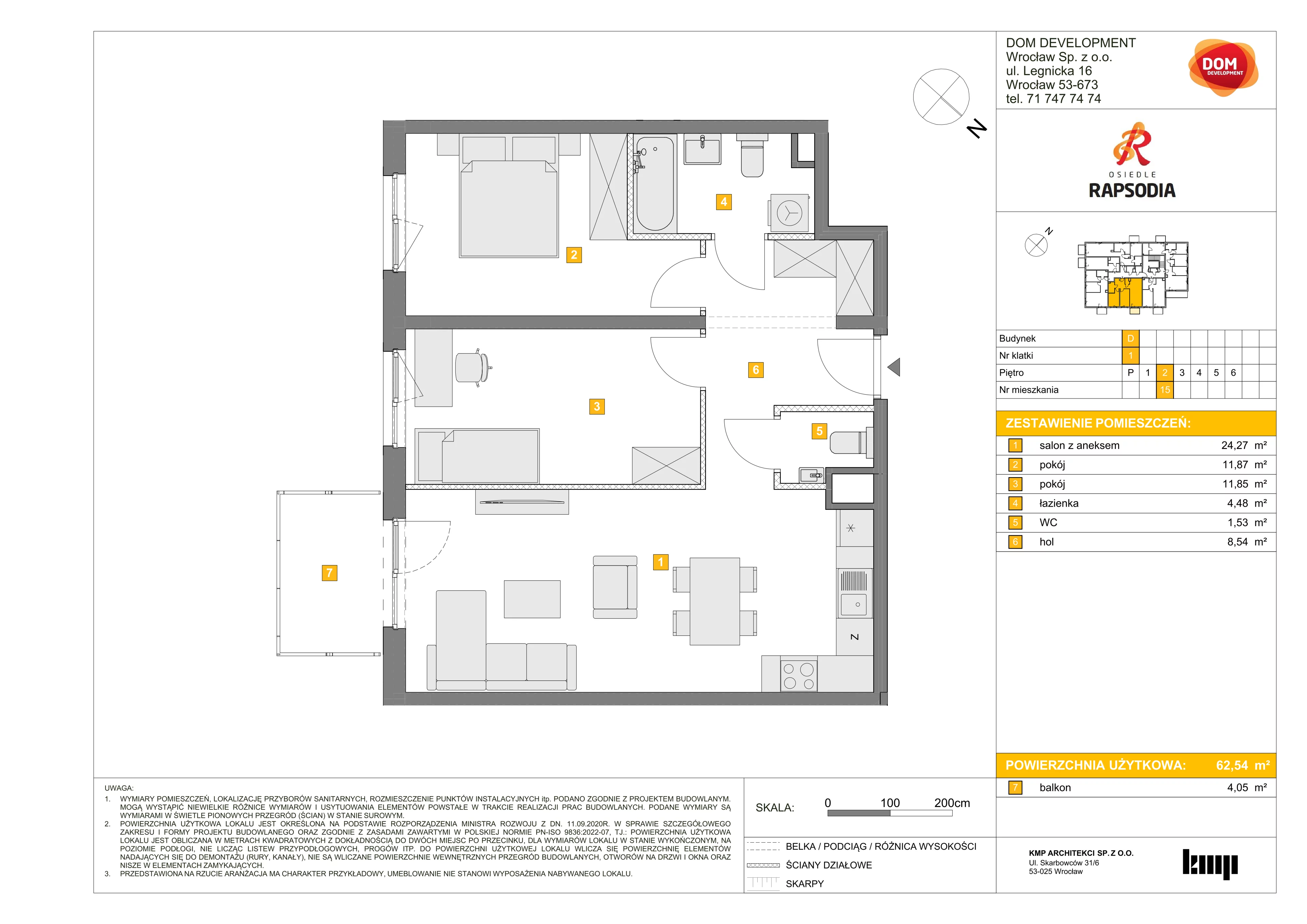 3 pokoje, mieszkanie 62,54 m², piętro 2, oferta nr D/15, Osiedle Rapsodia 2, Wrocław, Karłowice-Różanka, Różanka, ul. Wołowska 5