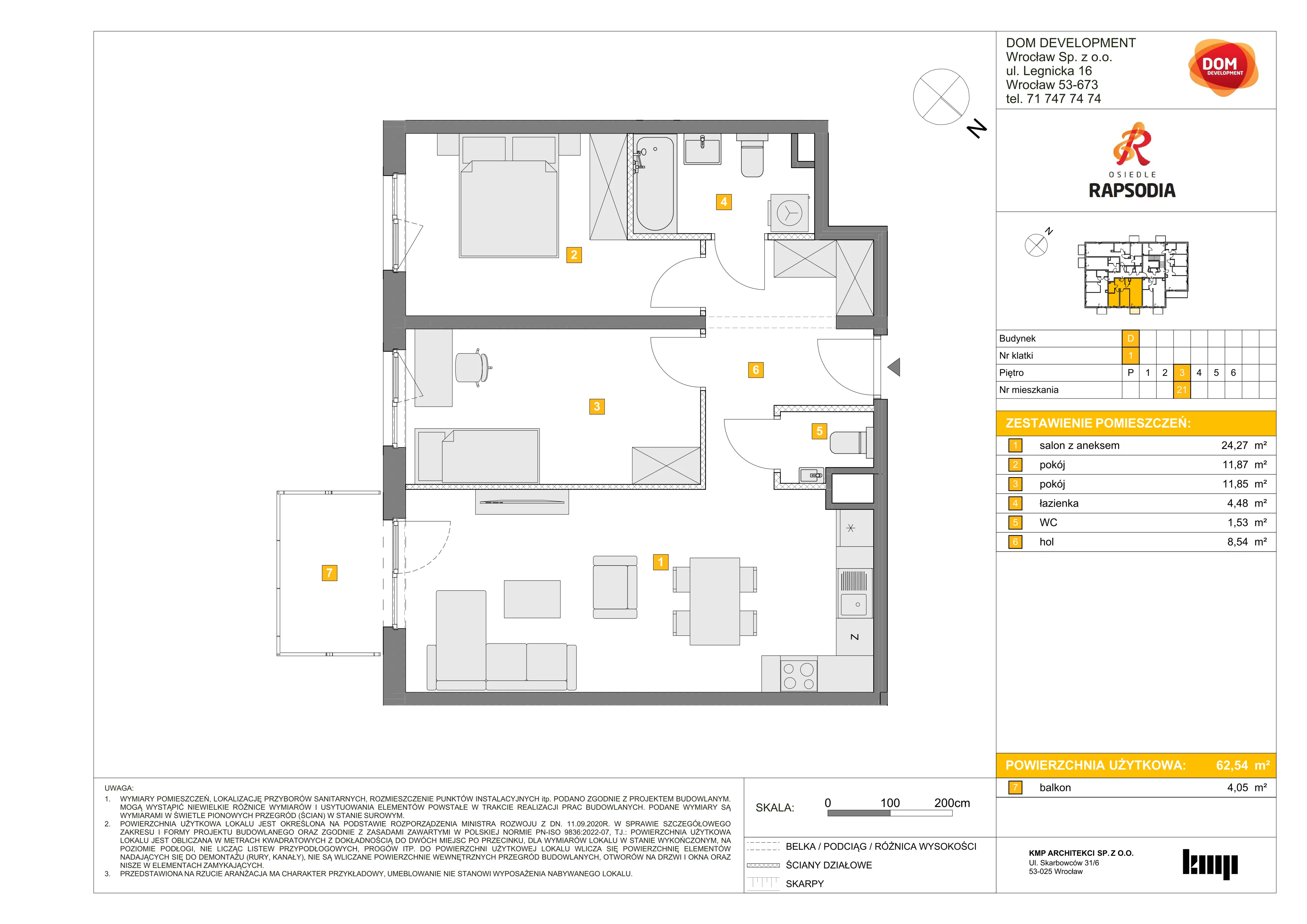 3 pokoje, mieszkanie 62,54 m², piętro 3, oferta nr D/21, Osiedle Rapsodia 2, Wrocław, Karłowice-Różanka, Różanka, ul. Wołowska 5