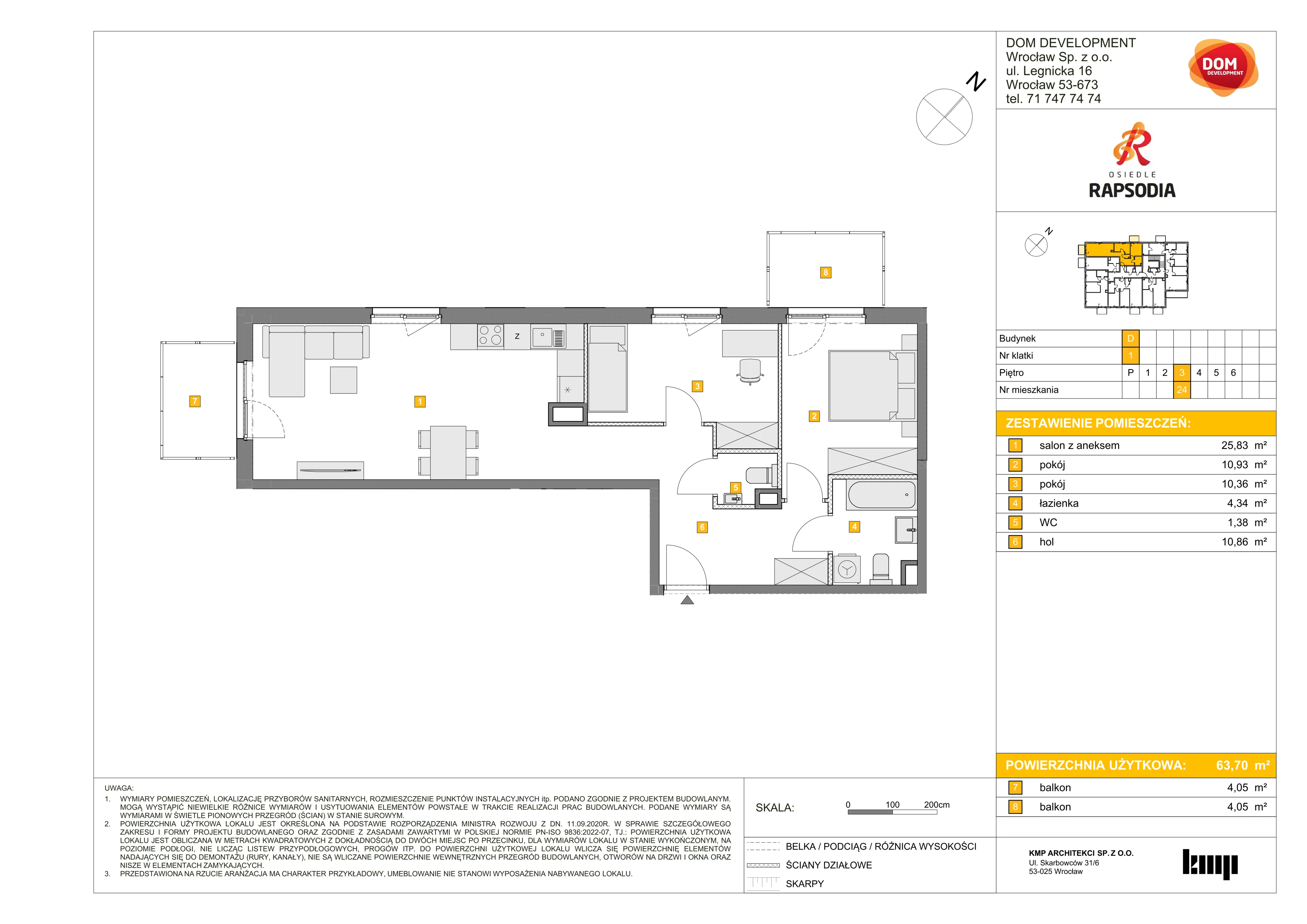 3 pokoje, mieszkanie 63,70 m², piętro 3, oferta nr D/24, Osiedle Rapsodia 2, Wrocław, Karłowice-Różanka, Różanka, ul. Wołowska 5