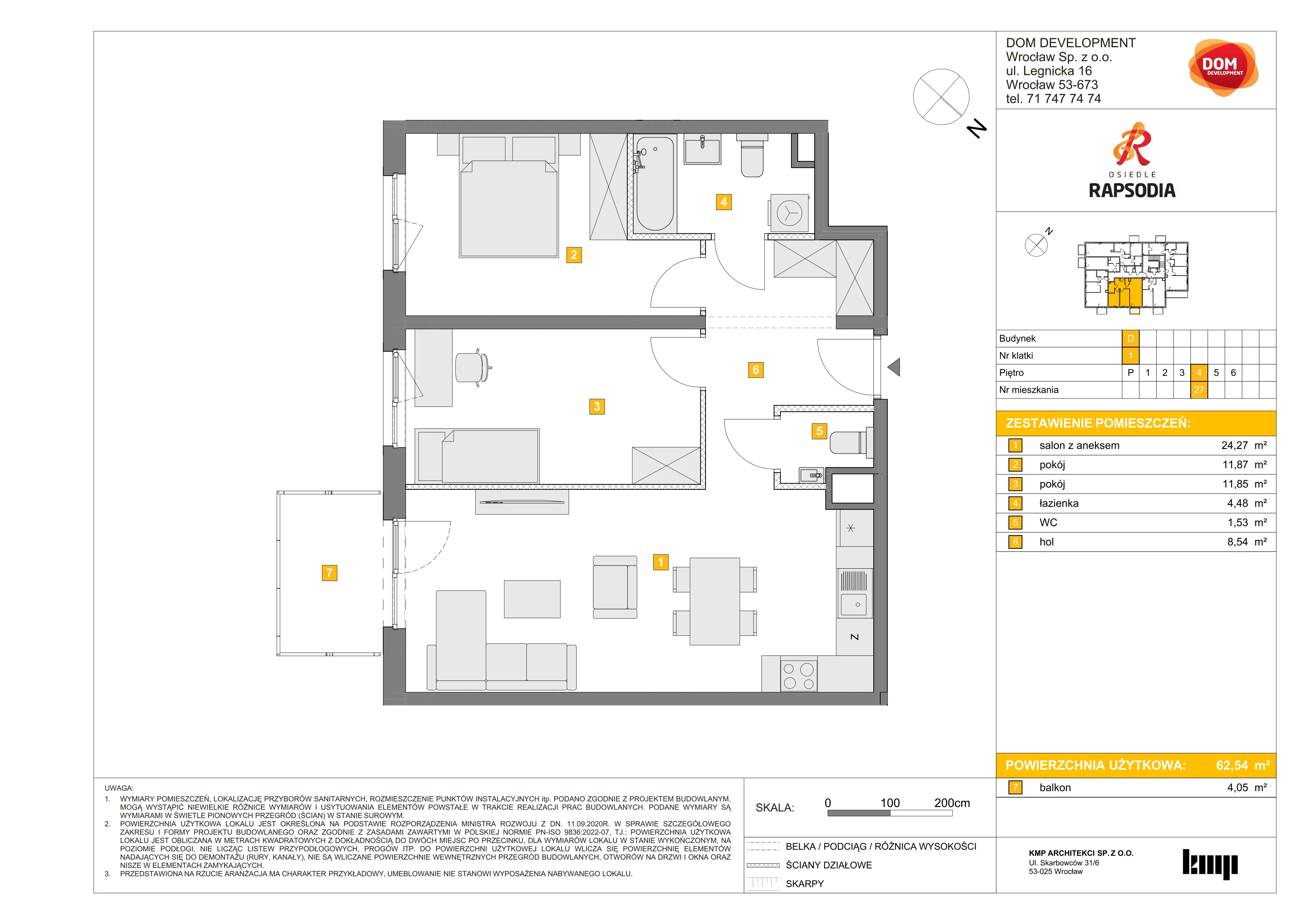3 pokoje, mieszkanie 62,54 m², piętro 4, oferta nr D/27, Osiedle Rapsodia 2, Wrocław, Karłowice-Różanka, Różanka, ul. Wołowska 5