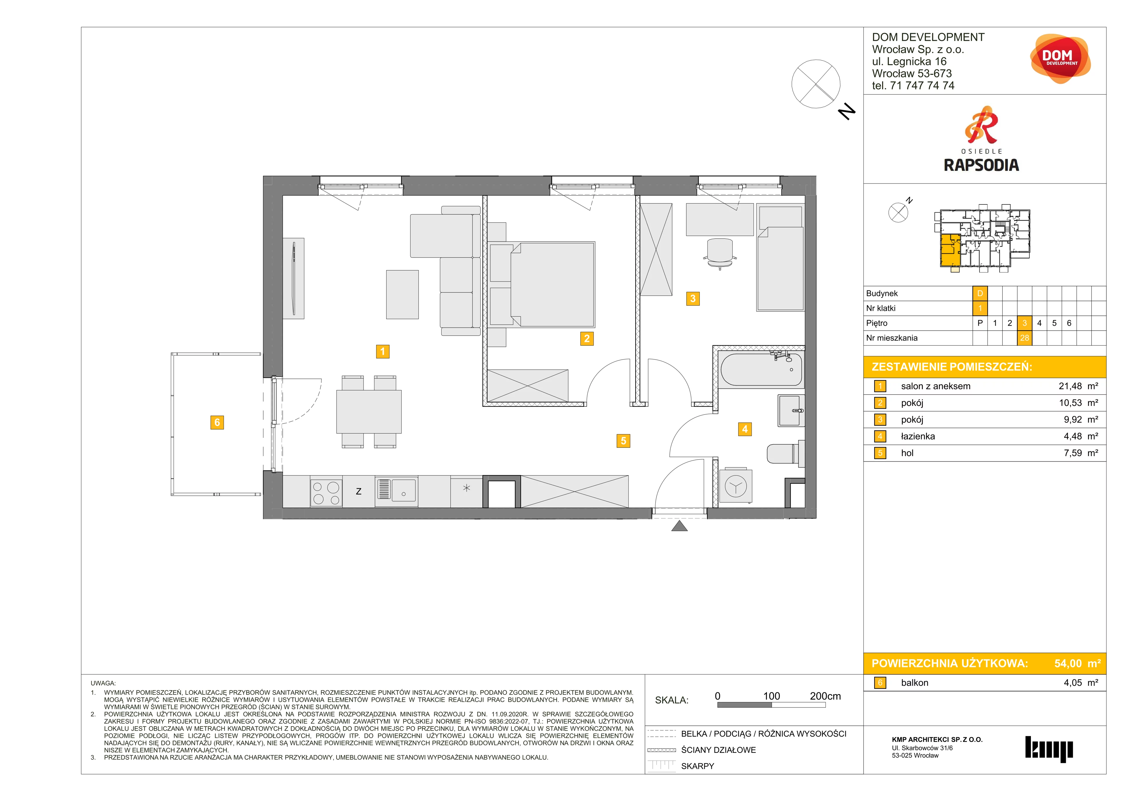 3 pokoje, mieszkanie 54,00 m², piętro 4, oferta nr D/28, Osiedle Rapsodia 2, Wrocław, Karłowice-Różanka, Różanka, ul. Wołowska 5