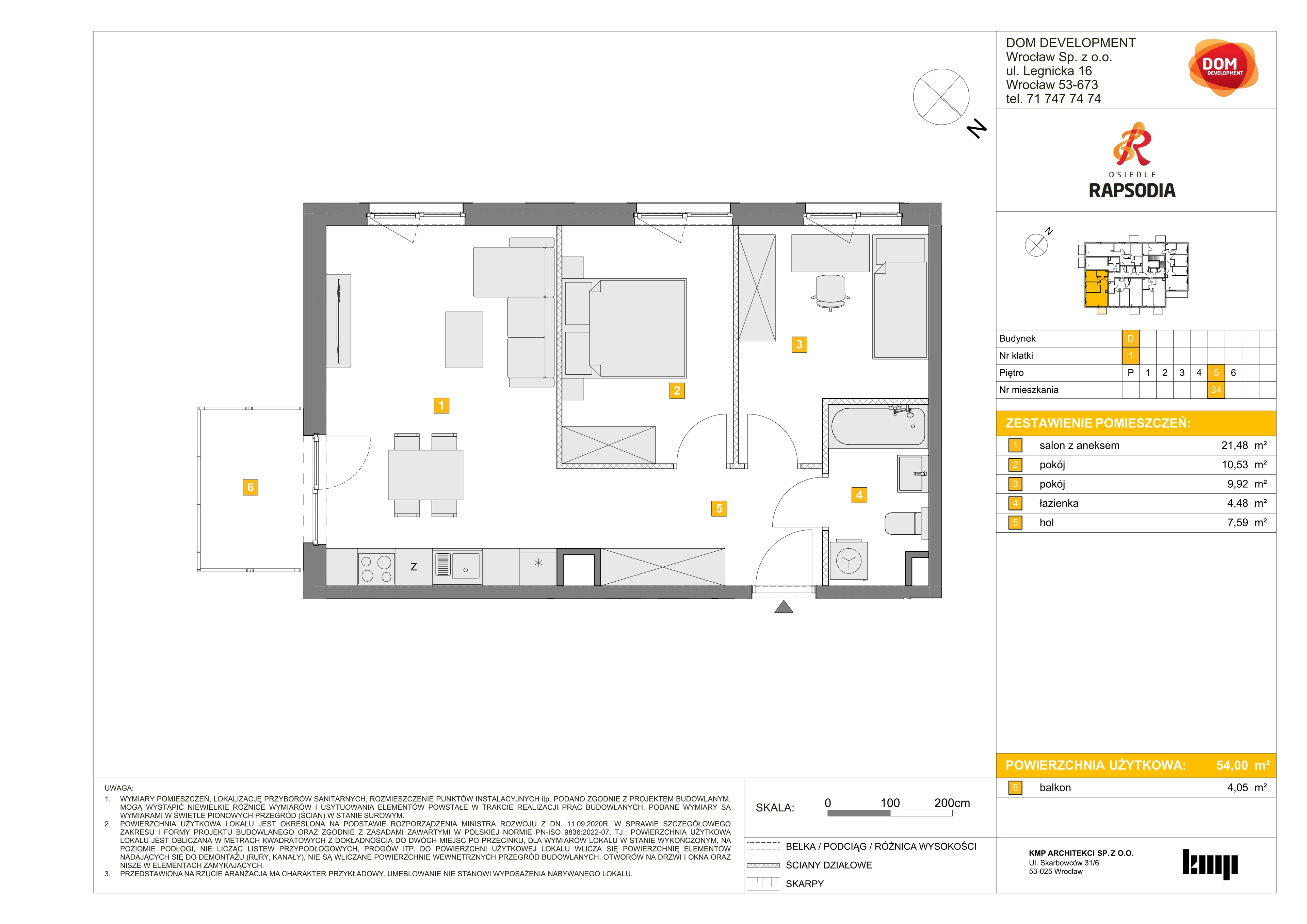 3 pokoje, mieszkanie 54,00 m², piętro 5, oferta nr D/34, Osiedle Rapsodia 2, Wrocław, Karłowice-Różanka, Różanka, ul. Wołowska 5