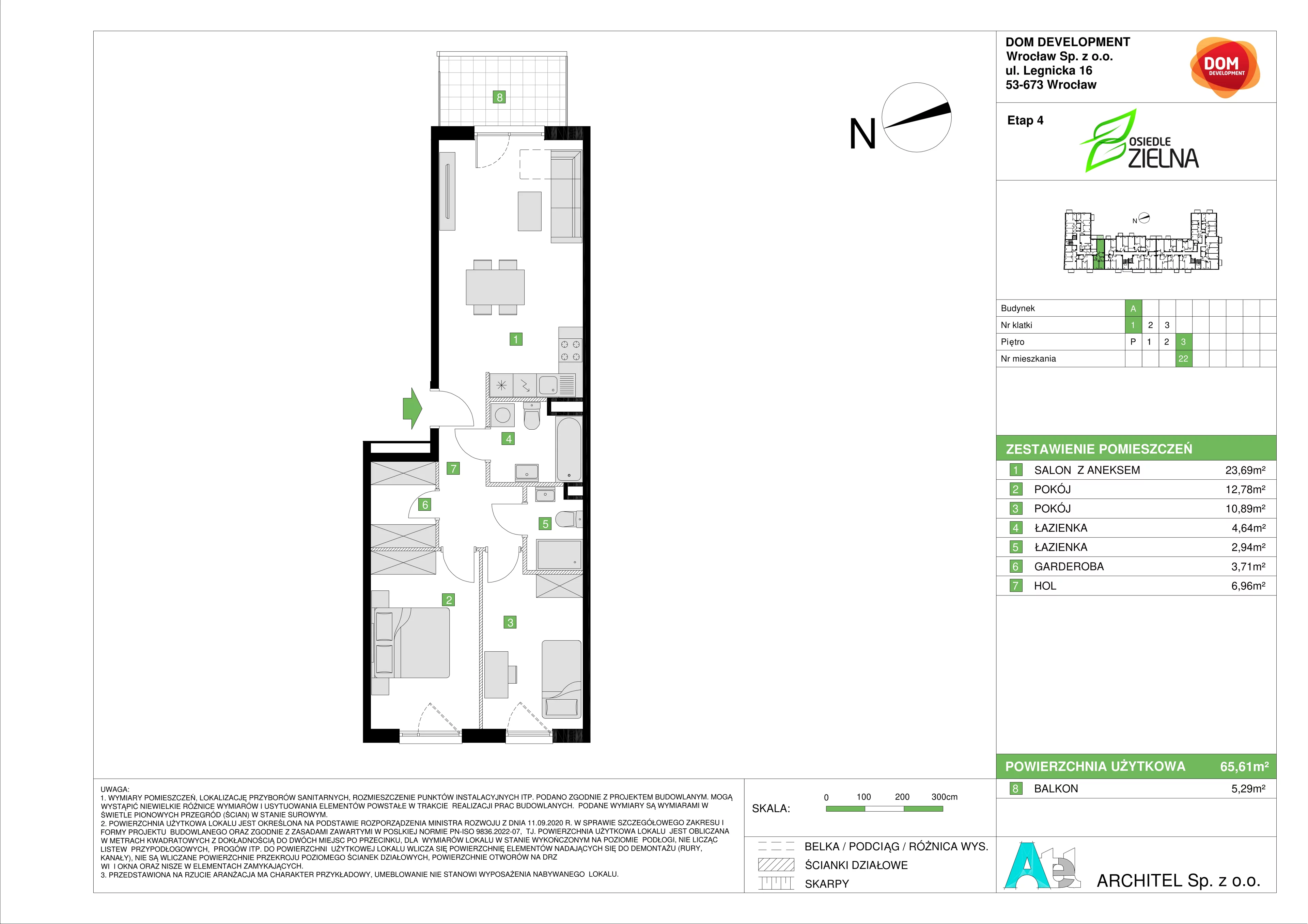 3 pokoje, mieszkanie 65,61 m², piętro 3, oferta nr A/22, Osiedle Zielna 4, Wrocław, Psie Pole-Zawidawie, Psie Pole, ul. Zielna / Bylinowa
