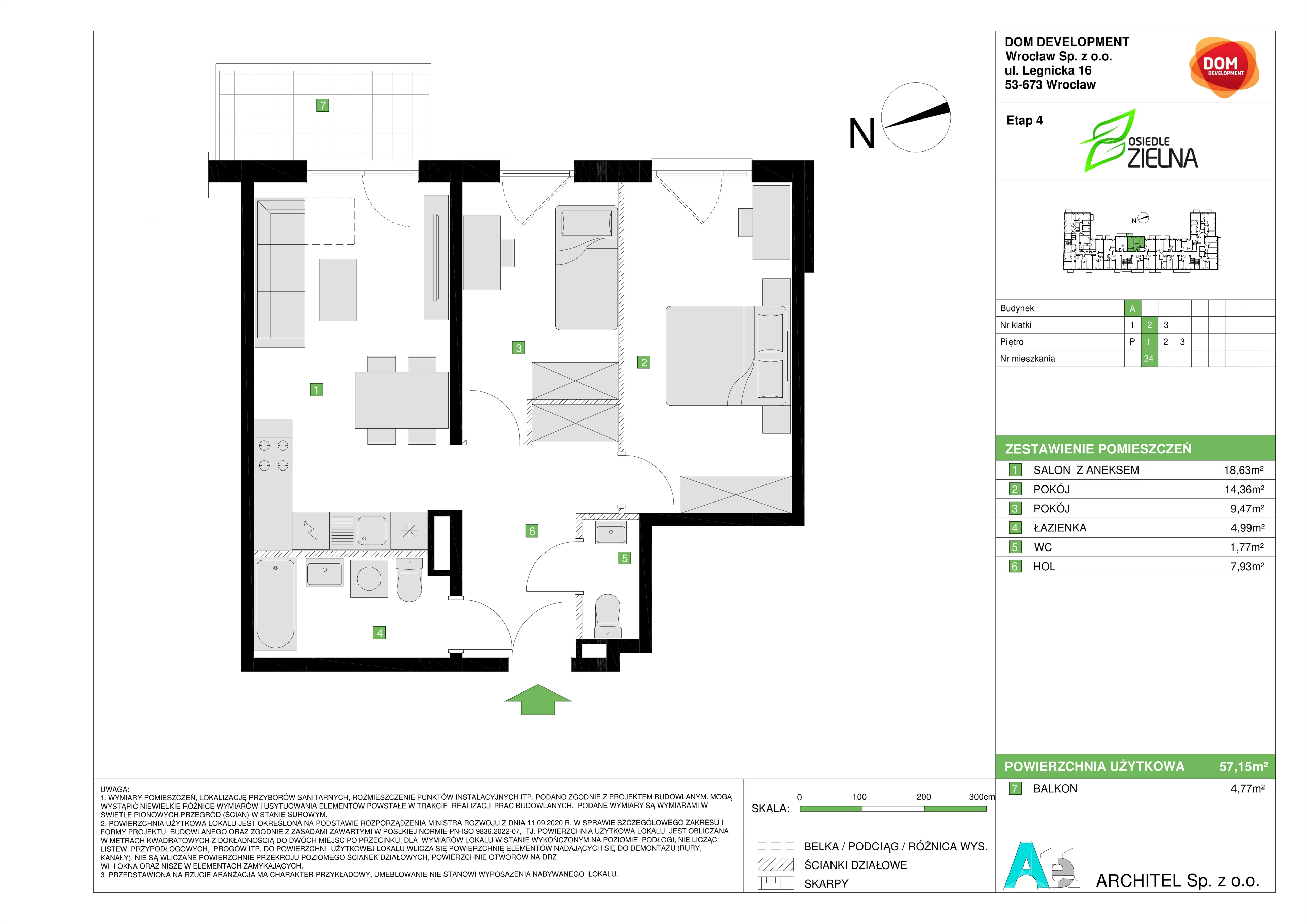 3 pokoje, mieszkanie 57,15 m², piętro 1, oferta nr A/34, Osiedle Zielna 4, Wrocław, Psie Pole-Zawidawie, Psie Pole, ul. Zielna / Bylinowa