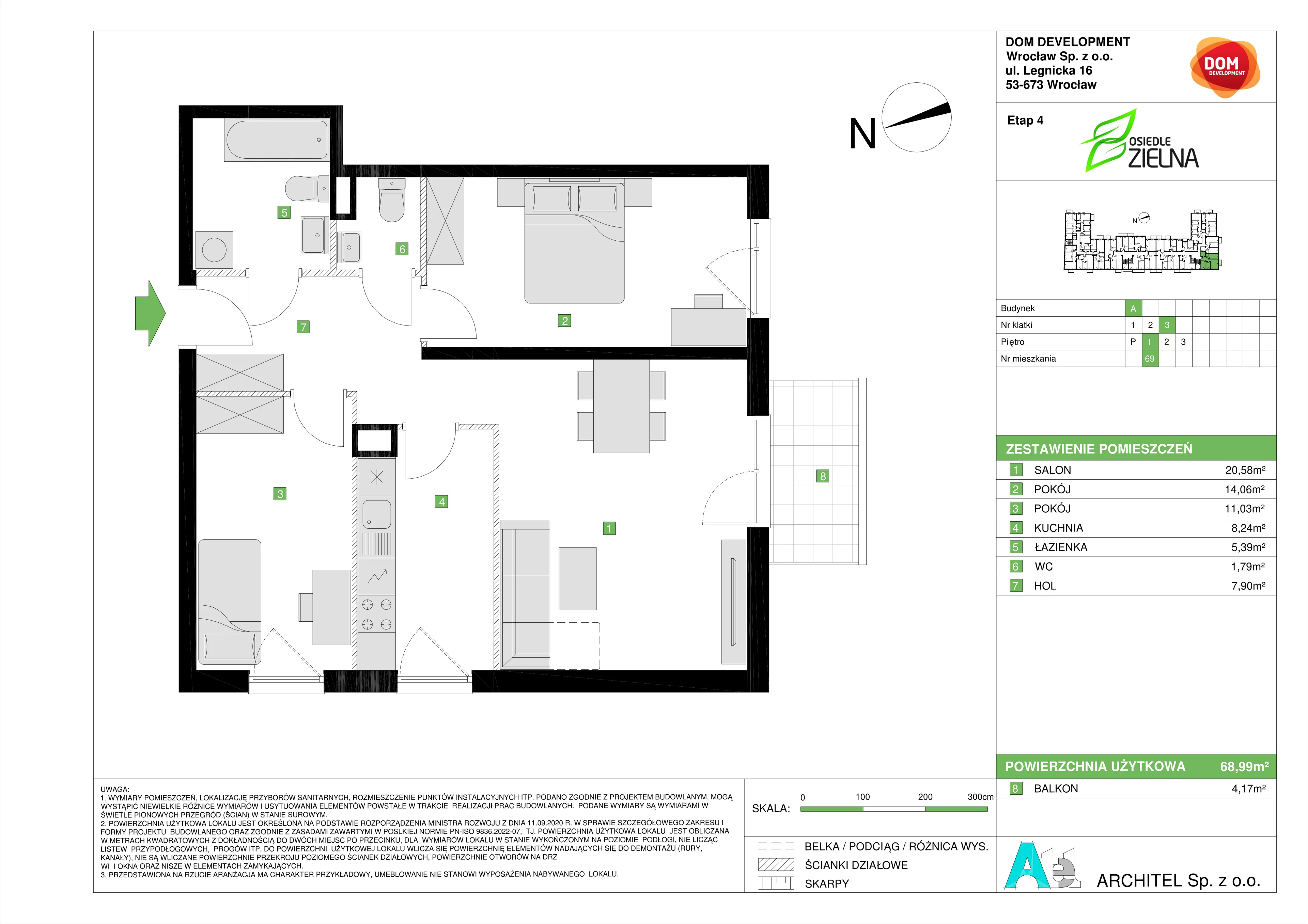 3 pokoje, mieszkanie 68,99 m², piętro 1, oferta nr A/69, Osiedle Zielna 4, Wrocław, Psie Pole-Zawidawie, Psie Pole, ul. Zielna / Bylinowa