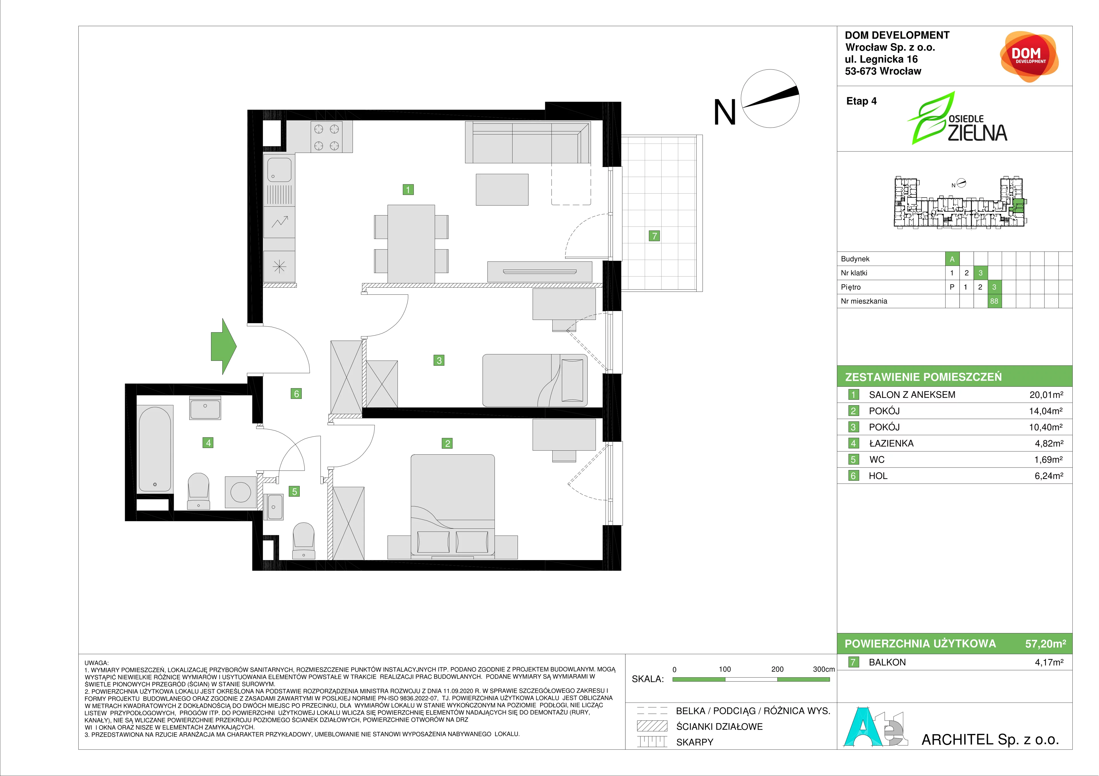 3 pokoje, mieszkanie 57,20 m², piętro 3, oferta nr A/88, Osiedle Zielna 4, Wrocław, Psie Pole-Zawidawie, Psie Pole, ul. Zielna / Bylinowa