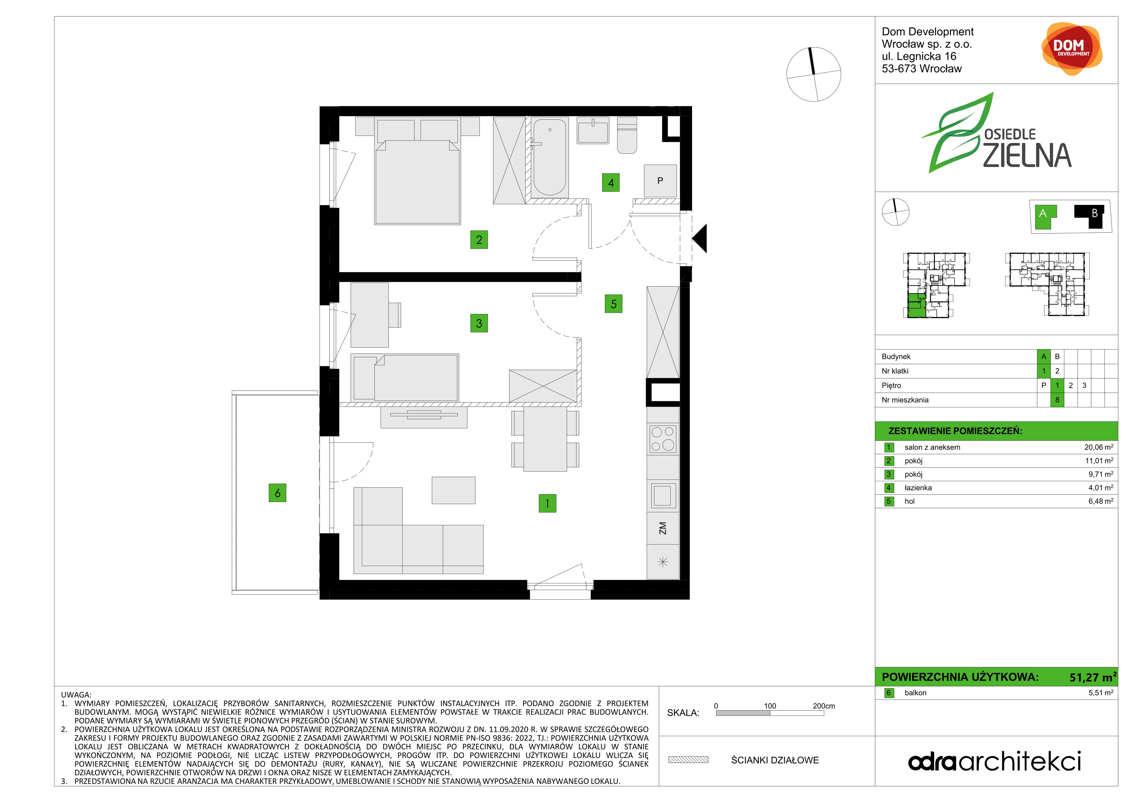3 pokoje, mieszkanie 51,27 m², piętro 1, oferta nr A/8, Osiedle Zielna 4.2, Wrocław, Psie Pole-Zawidawie, Psie Pole, ul. Zielna