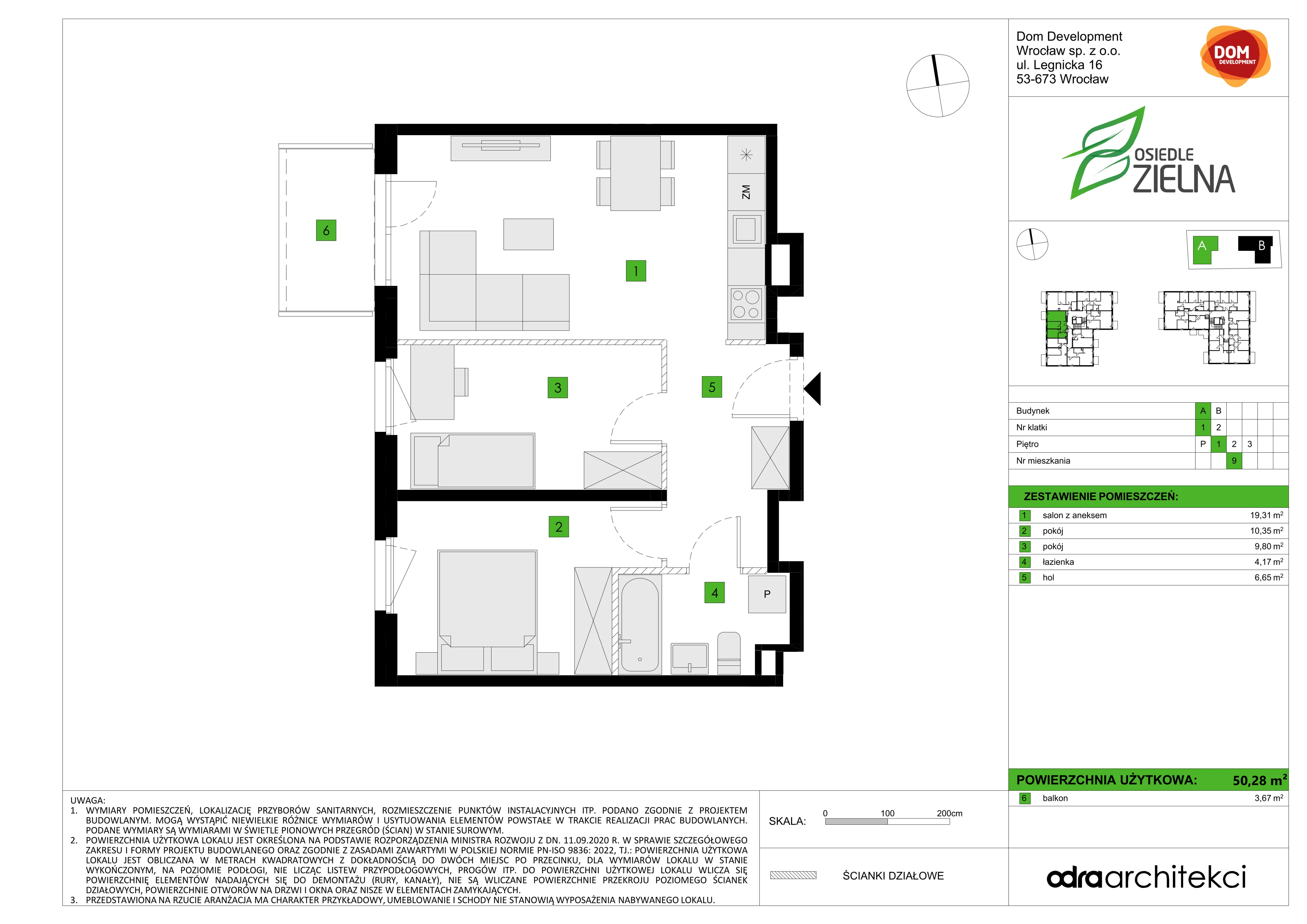 3 pokoje, mieszkanie 50,28 m², piętro 1, oferta nr A/9, Osiedle Zielna 4.2, Wrocław, Psie Pole-Zawidawie, Psie Pole, ul. Zielna