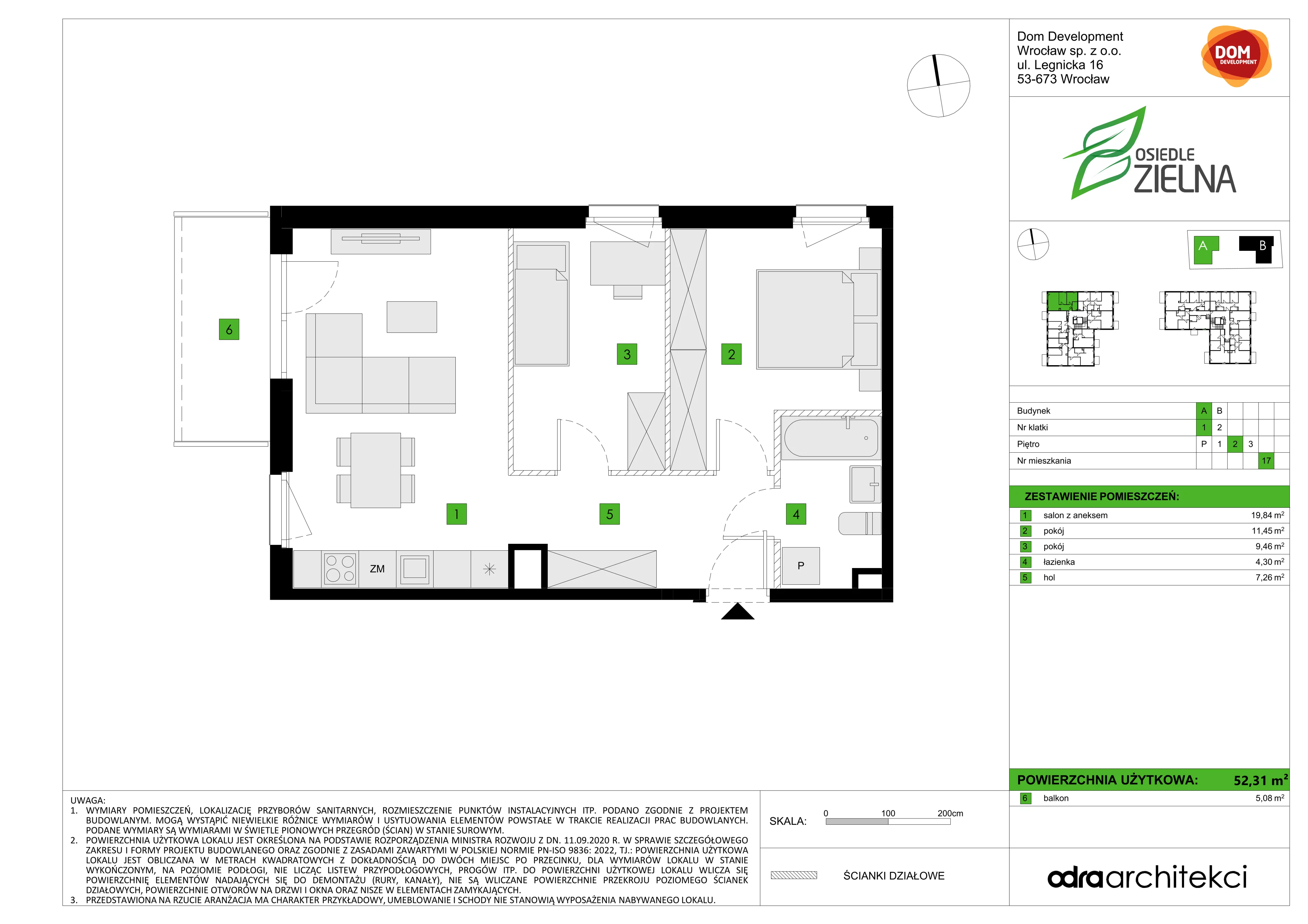 3 pokoje, mieszkanie 52,31 m², piętro 2, oferta nr A/17, Osiedle Zielna 4.2, Wrocław, Psie Pole-Zawidawie, Psie Pole, ul. Zielna