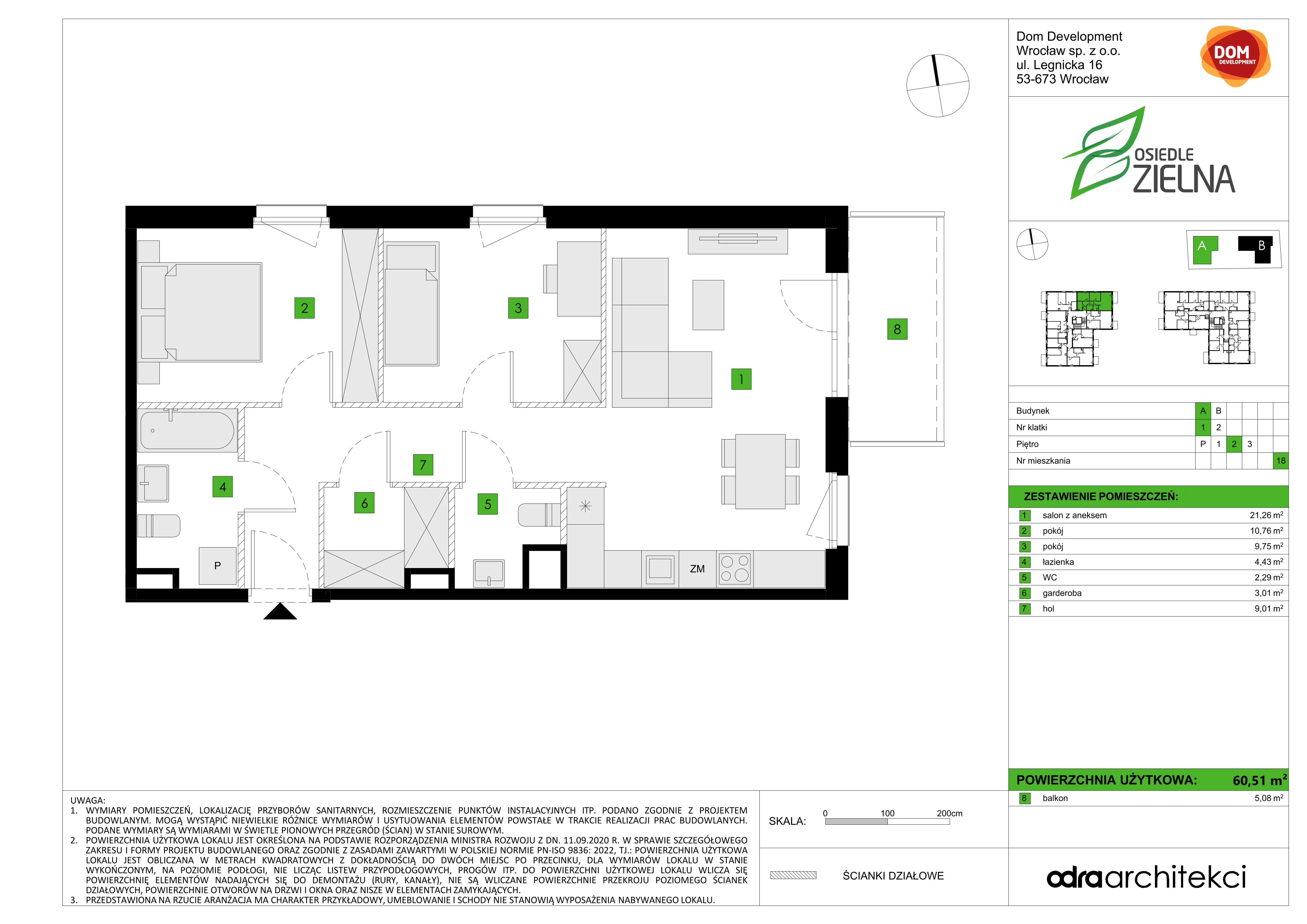 3 pokoje, mieszkanie 60,51 m², piętro 2, oferta nr A/18, Osiedle Zielna 4.2, Wrocław, Psie Pole-Zawidawie, Psie Pole, ul. Zielna