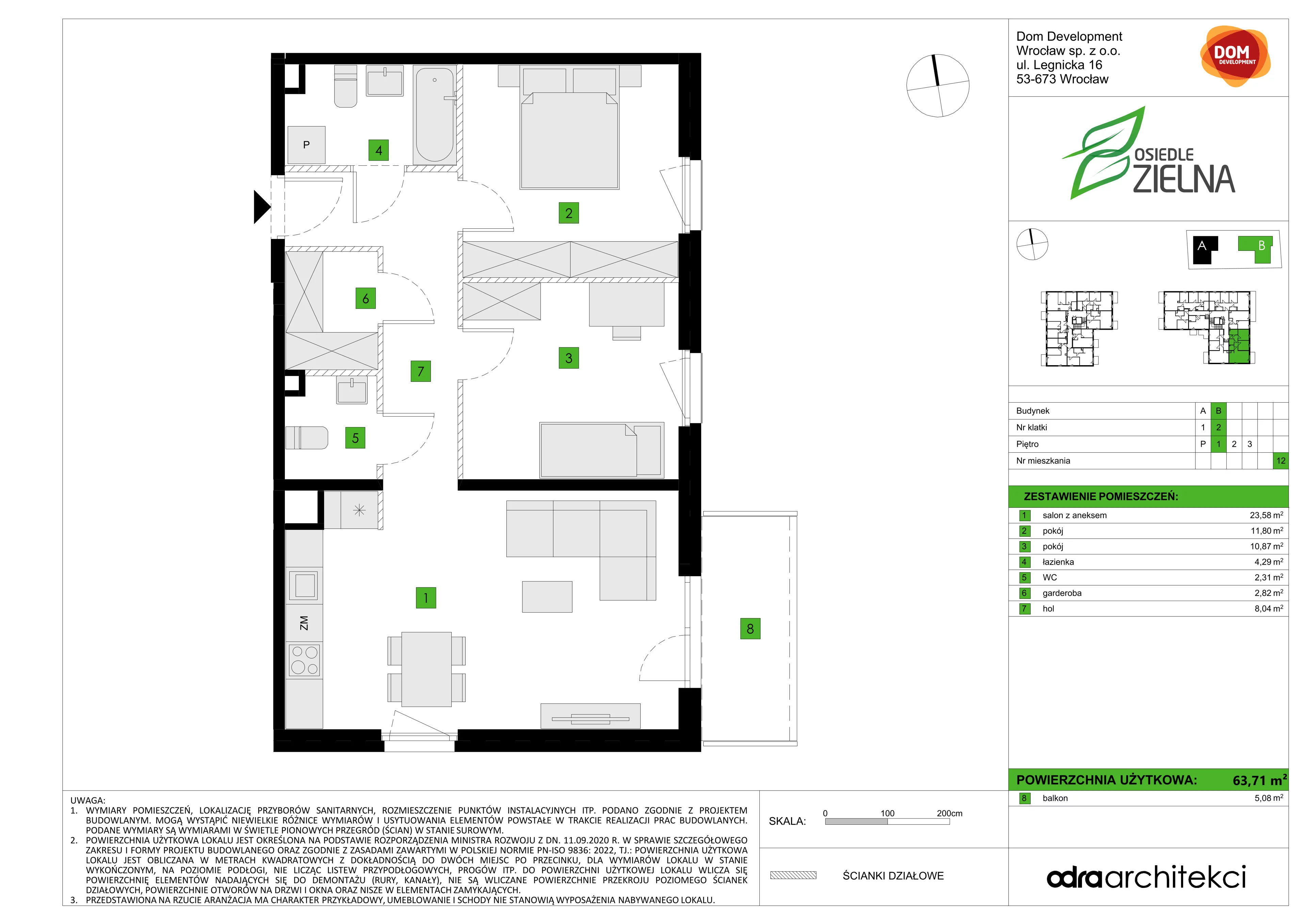 3 pokoje, mieszkanie 63,71 m², piętro 1, oferta nr B/12, Osiedle Zielna 4.2, Wrocław, Psie Pole-Zawidawie, Psie Pole, ul. Zielna
