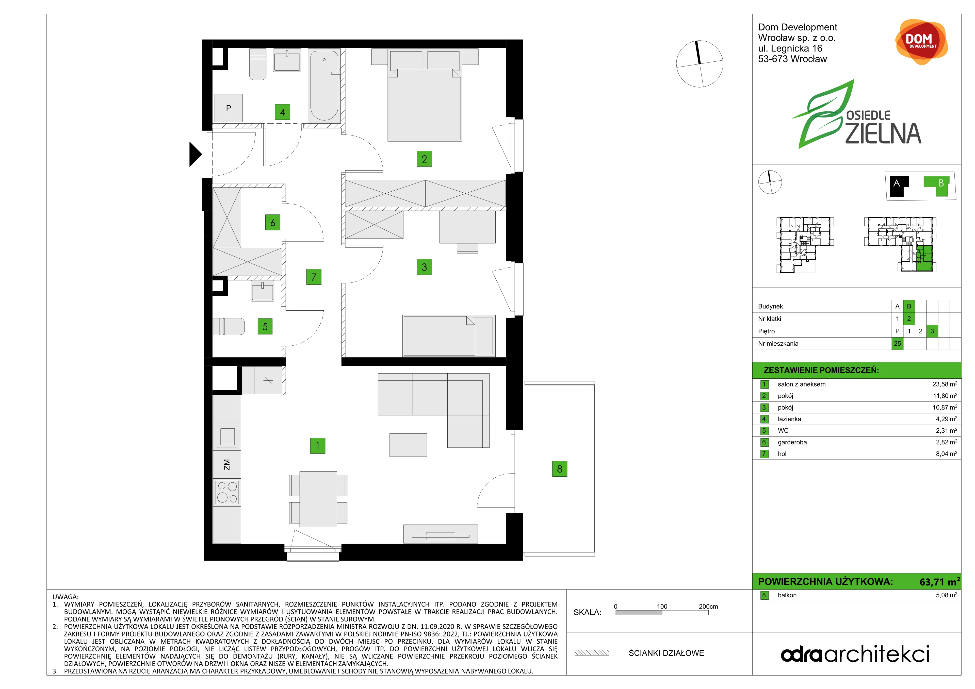 3 pokoje, mieszkanie 63,71 m², piętro 3, oferta nr B/25, Osiedle Zielna 4.2, Wrocław, Psie Pole-Zawidawie, Psie Pole, ul. Zielna