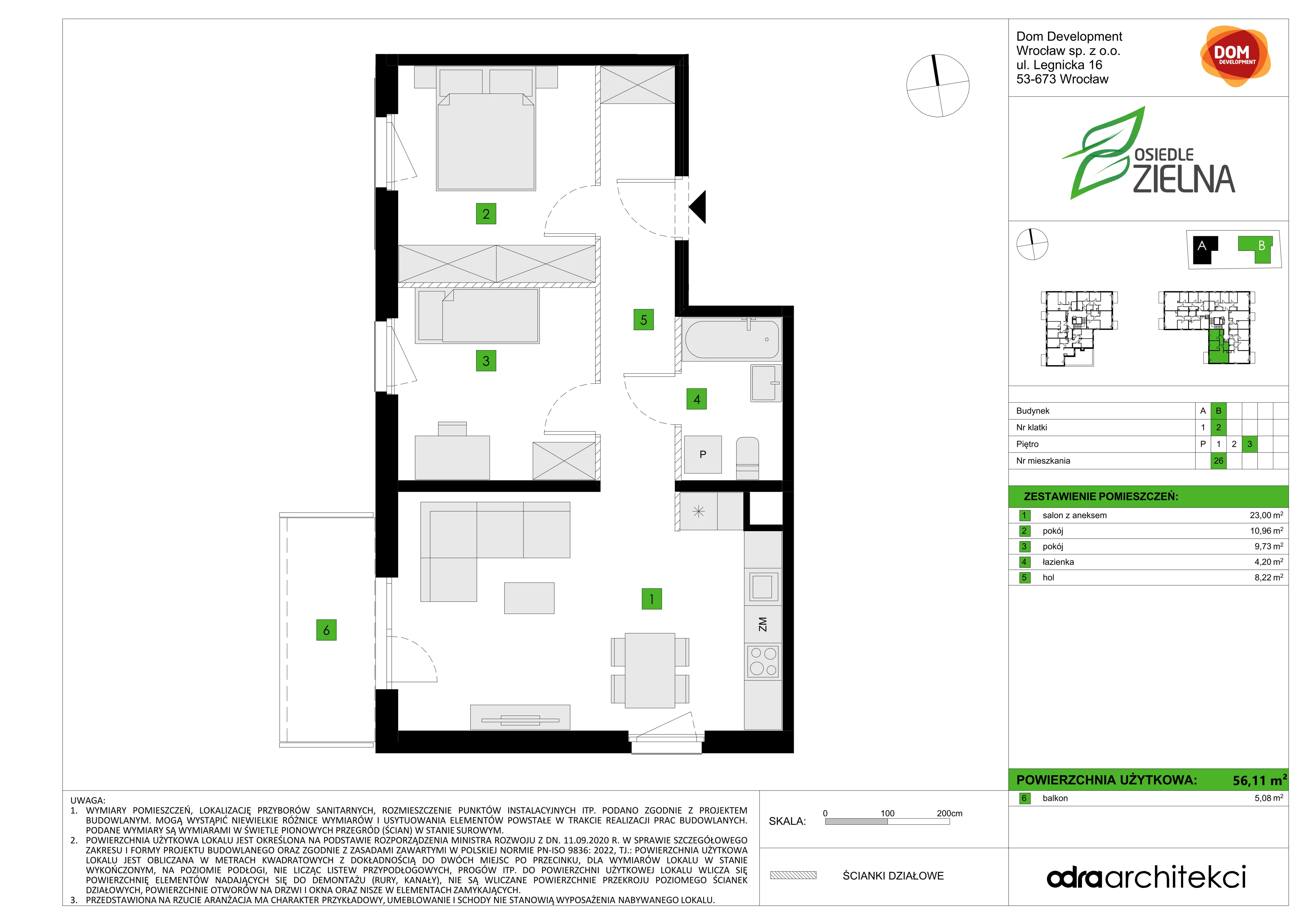 3 pokoje, mieszkanie 56,11 m², piętro 3, oferta nr B/26, Osiedle Zielna 4.2, Wrocław, Psie Pole-Zawidawie, Psie Pole, ul. Zielna