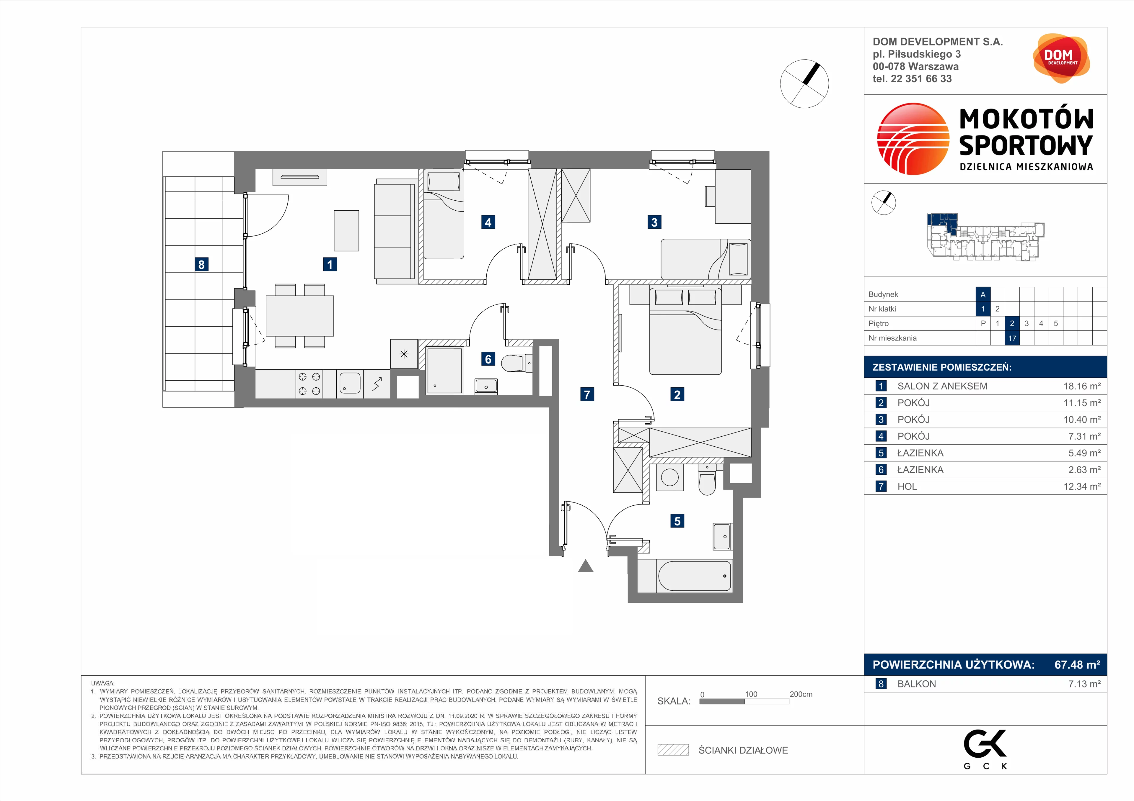 4 pokoje, mieszkanie 67,48 m², piętro 2, oferta nr A/17, Mokotów Sportowy, Warszawa, Mokotów, Augustówka, ul. Antoniewska 6