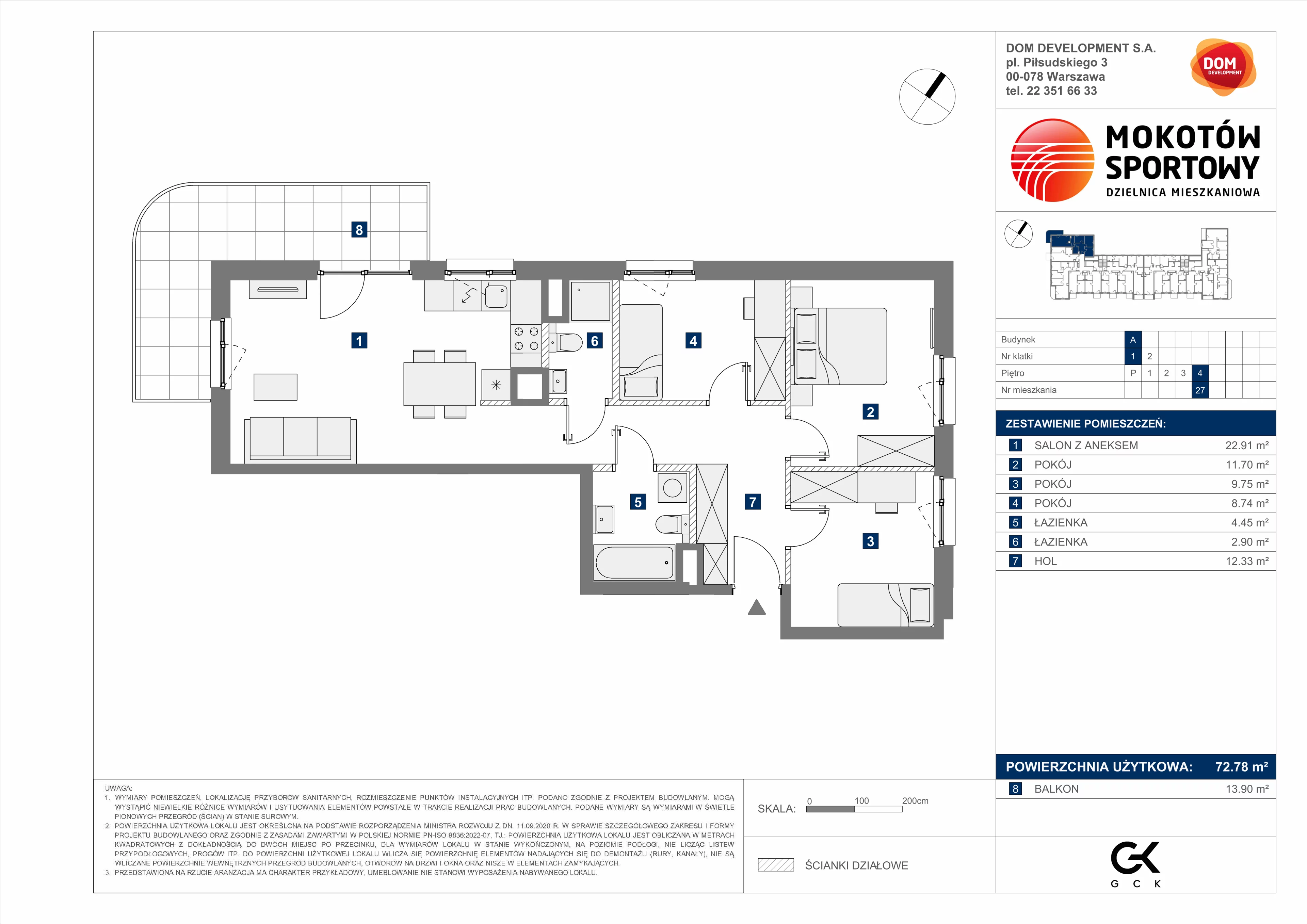4 pokoje, mieszkanie 72,78 m², piętro 4, oferta nr A/27, Mokotów Sportowy 3, Warszawa, Mokotów, Augustówka, ul. Antoniewska