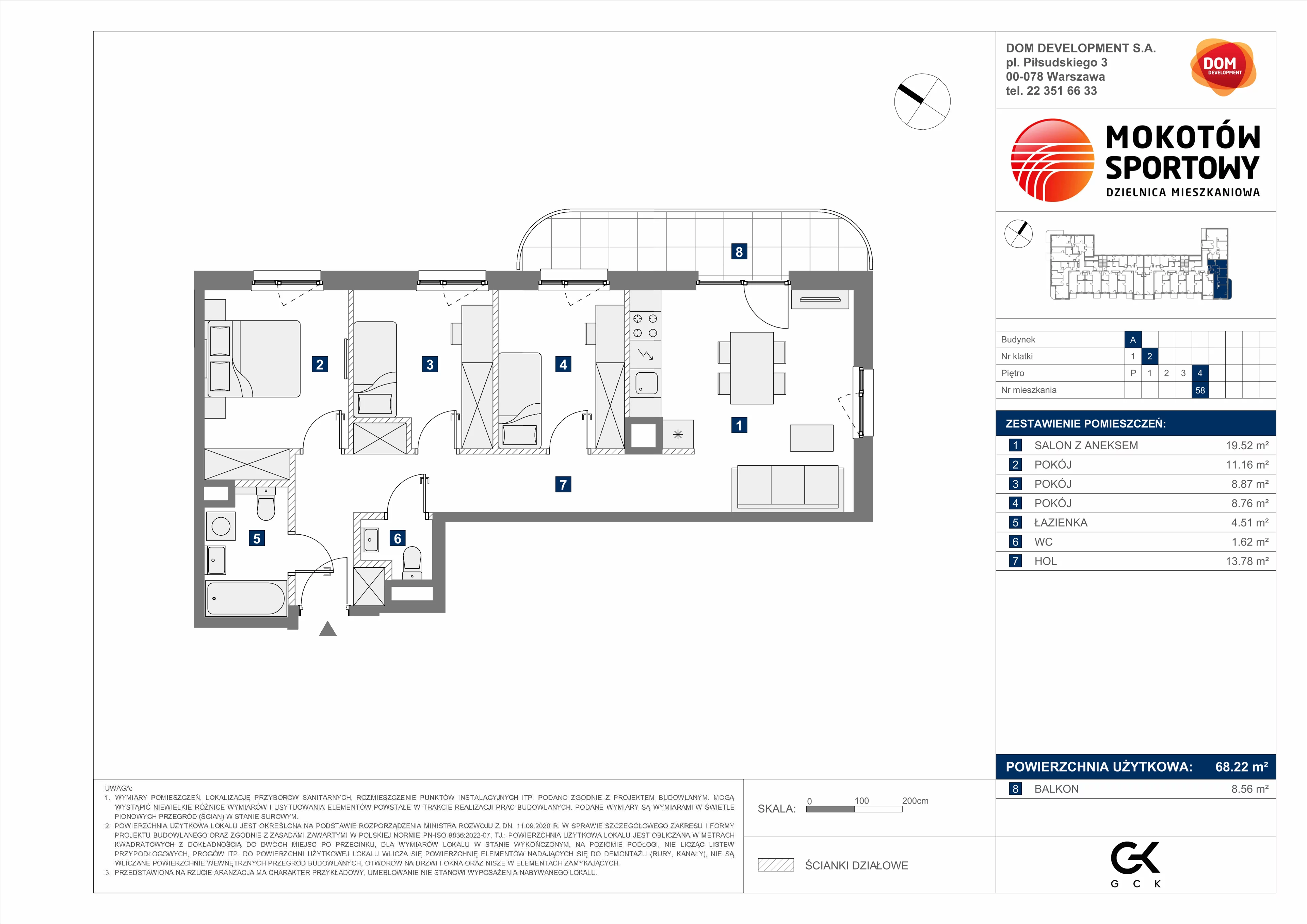 4 pokoje, mieszkanie 68,22 m², piętro 4, oferta nr A/58, Mokotów Sportowy 3, Warszawa, Mokotów, Augustówka, ul. Antoniewska
