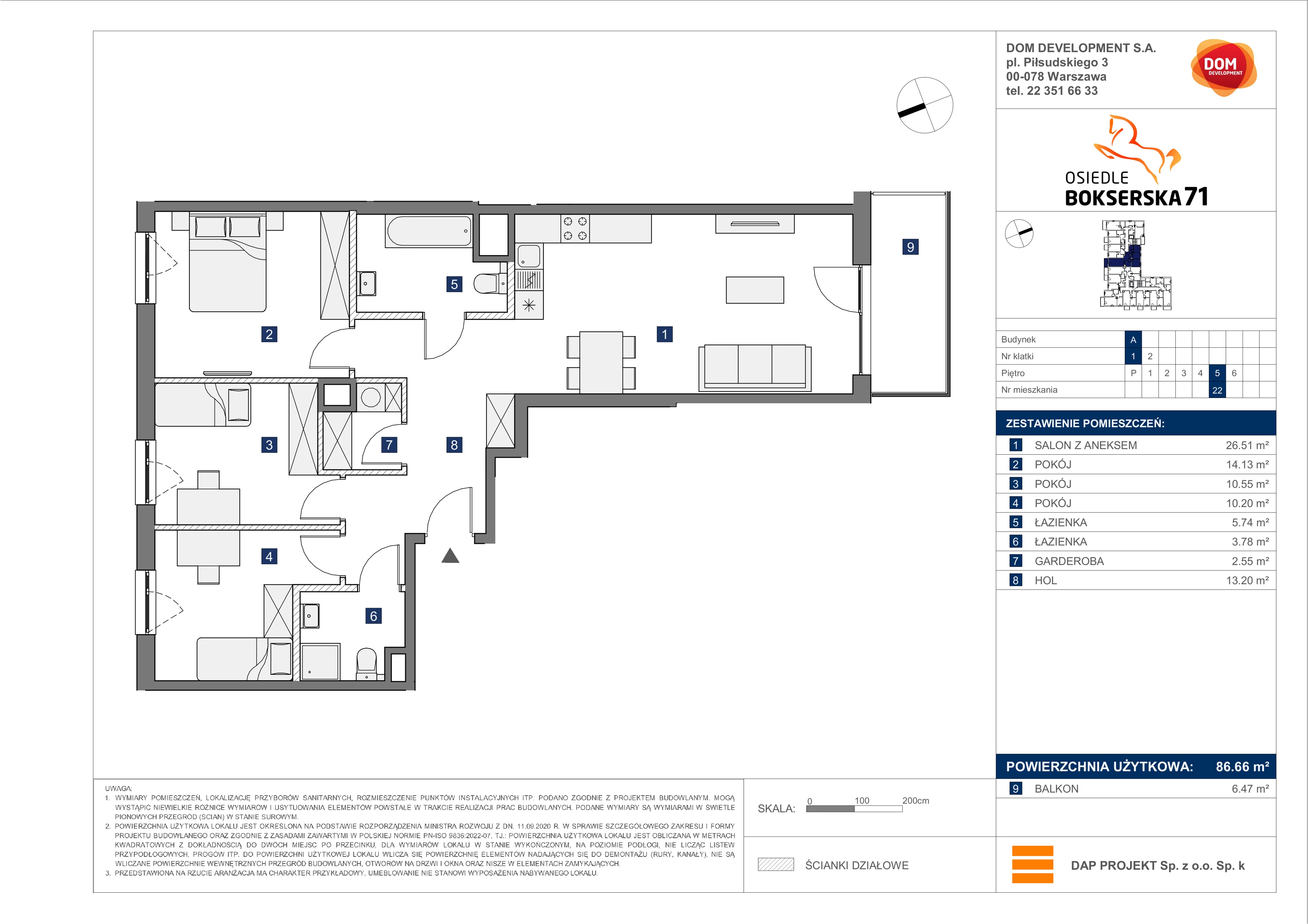 4 pokoje, mieszkanie 86,66 m², piętro 5, oferta nr A/22, Osiedle Bokserska 71, Warszawa, Ursynów, Wyczółki, ul. Bokserska 71