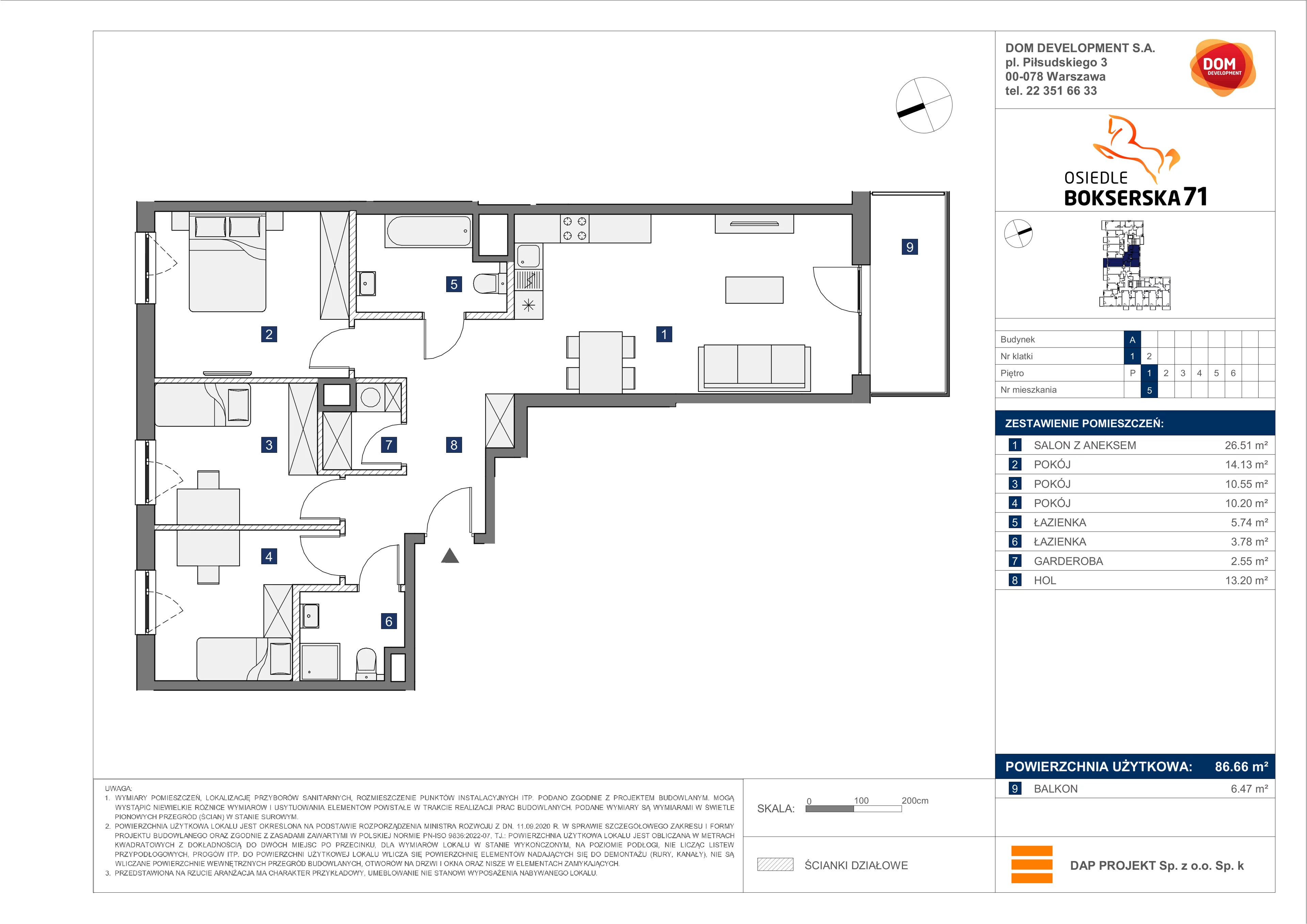 4 pokoje, mieszkanie 86,66 m², piętro 1, oferta nr A/5, Osiedle Bokserska 71, Warszawa, Ursynów, Wyczółki, ul. Bokserska 71