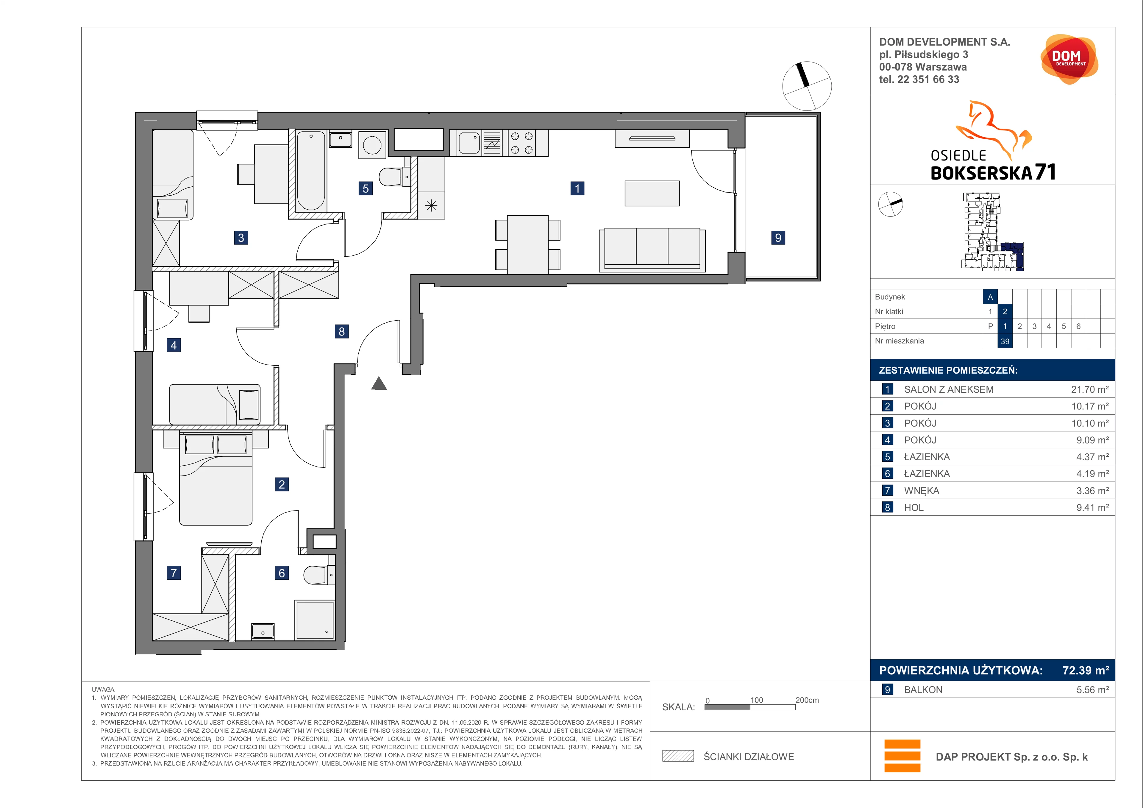 4 pokoje, mieszkanie 72,39 m², piętro 1, oferta nr A/39, Osiedle Bokserska 71, Warszawa, Ursynów, Wyczółki, ul. Bokserska 71