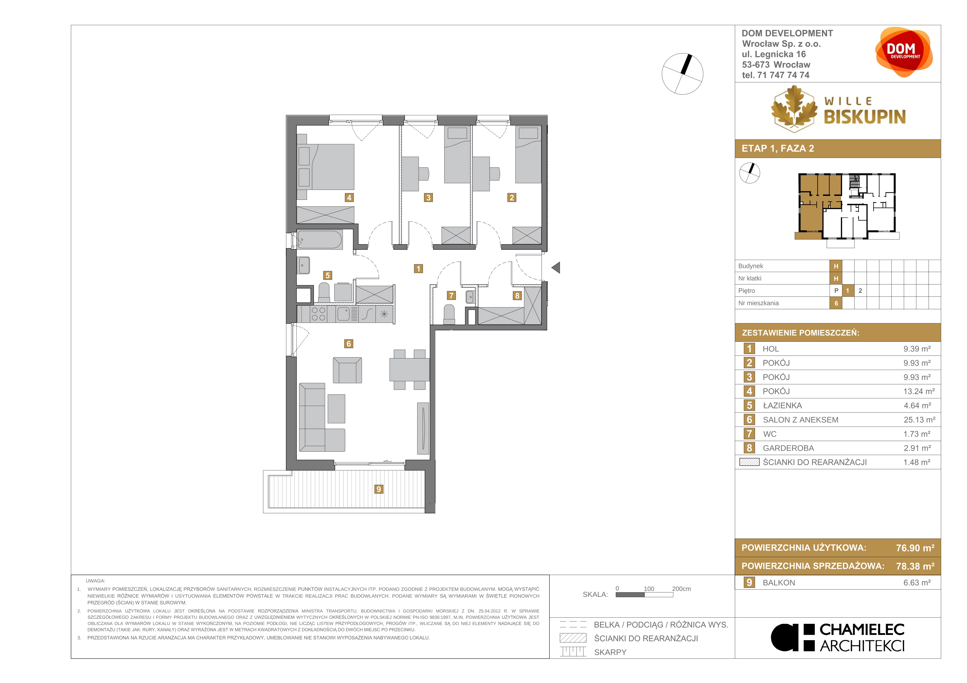 4 pokoje, mieszkanie 78,38 m², piętro 1, oferta nr H/6, Wille Biskupin, Wrocław, Biskupin-Sępolno-Dąbie-Bartoszowice, Śródmieście, ul. Braci Gierymskich 156