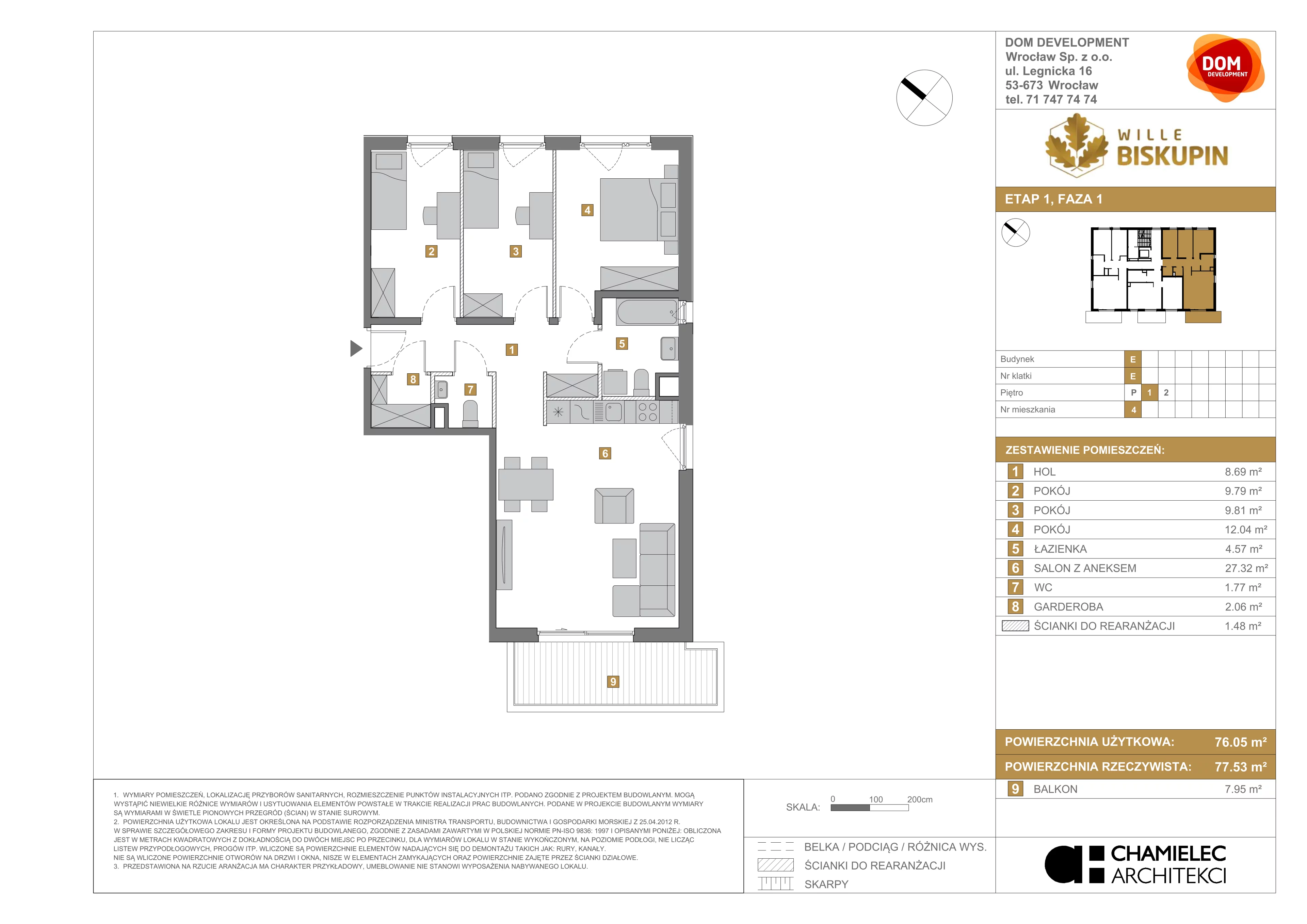 4 pokoje, mieszkanie 76,05 m², piętro 1, oferta nr E/4, Wille Biskupin, Wrocław, Biskupin-Sępolno-Dąbie-Bartoszowice, Śródmieście, ul. Braci Gierymskich 156
