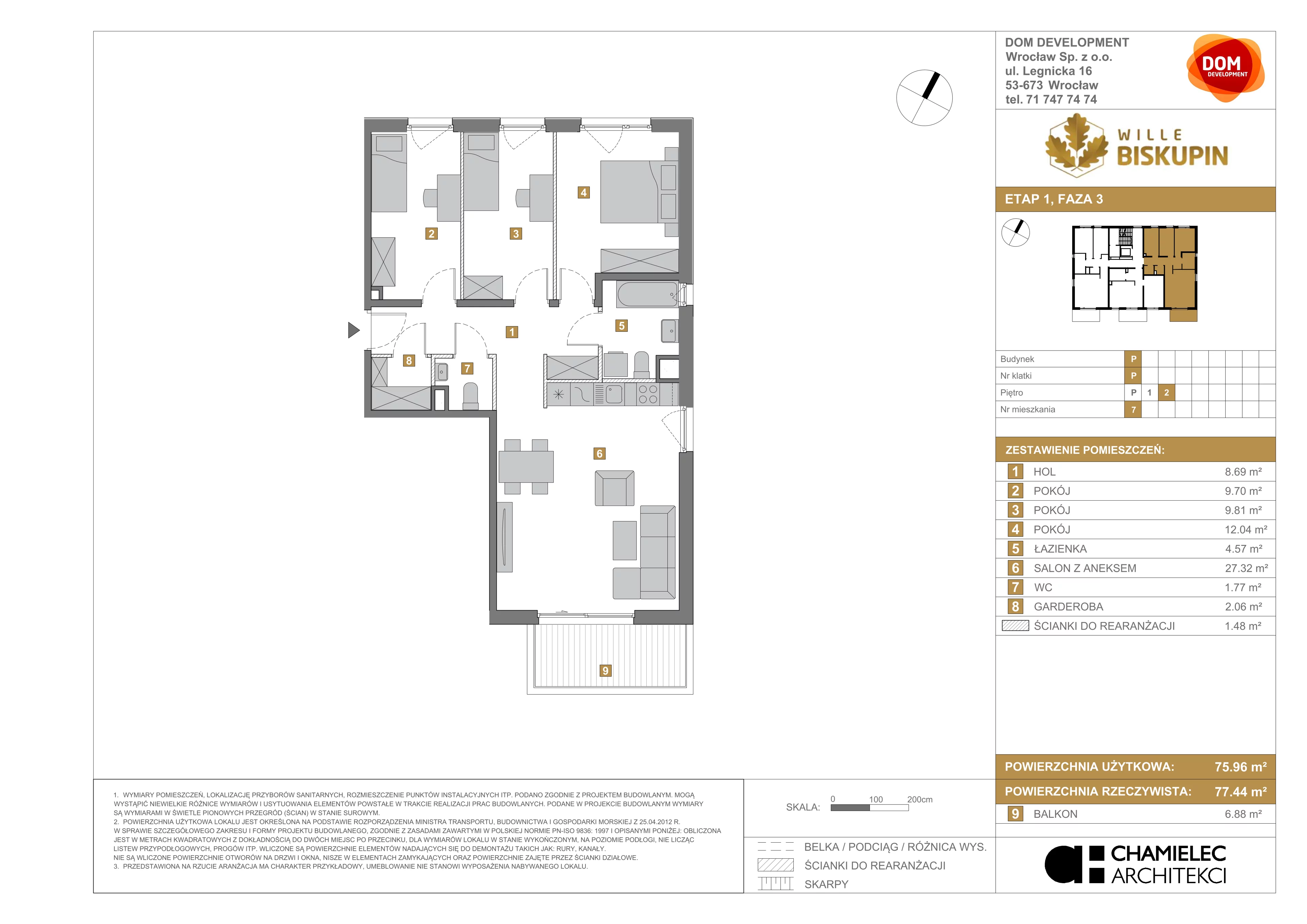 4 pokoje, mieszkanie 75,96 m², piętro 2, oferta nr P/7, Wille Biskupin etap 3, Wrocław, Biskupin-Sępolno-Dąbie-Bartoszowice, Śródmieście, ul. Braci Gierymskich