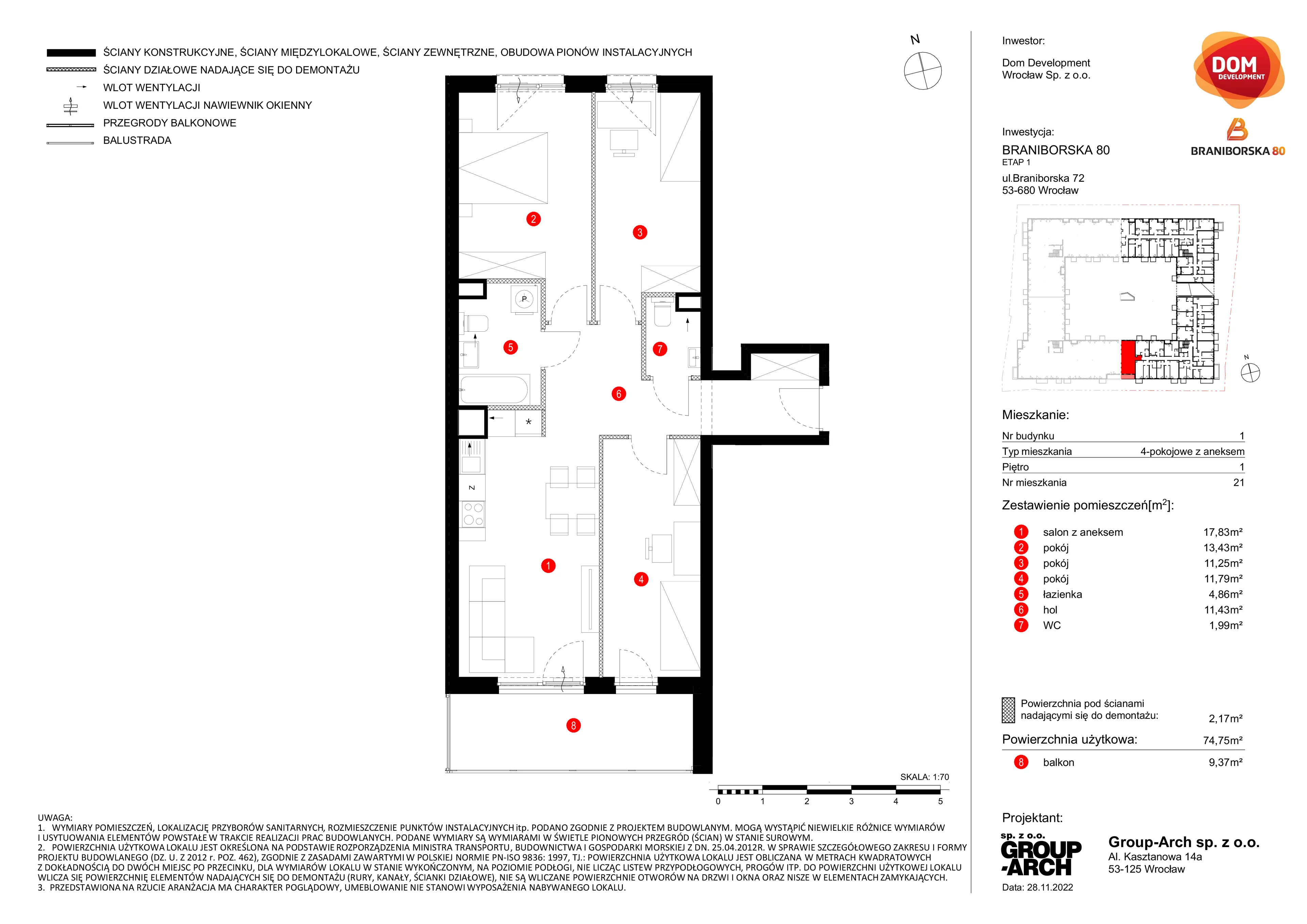 4 pokoje, mieszkanie 74,75 m², piętro 1, oferta nr A/21, Braniborska 80, Wrocław, Stare Miasto, ul. Braniborska 80