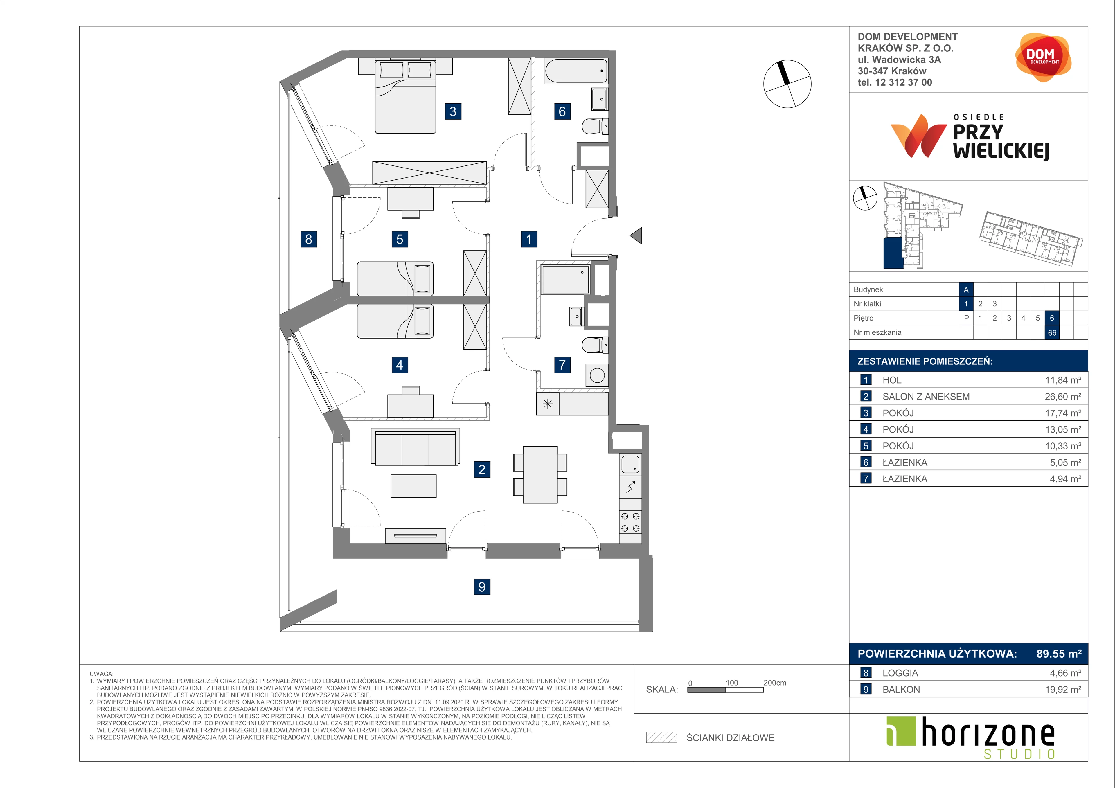 4 pokoje, mieszkanie 89,55 m², piętro 6, oferta nr A/66, Osiedle przy Wielickiej, Kraków, Bieżanów-Prokocim, ul. Marii Orwid 1