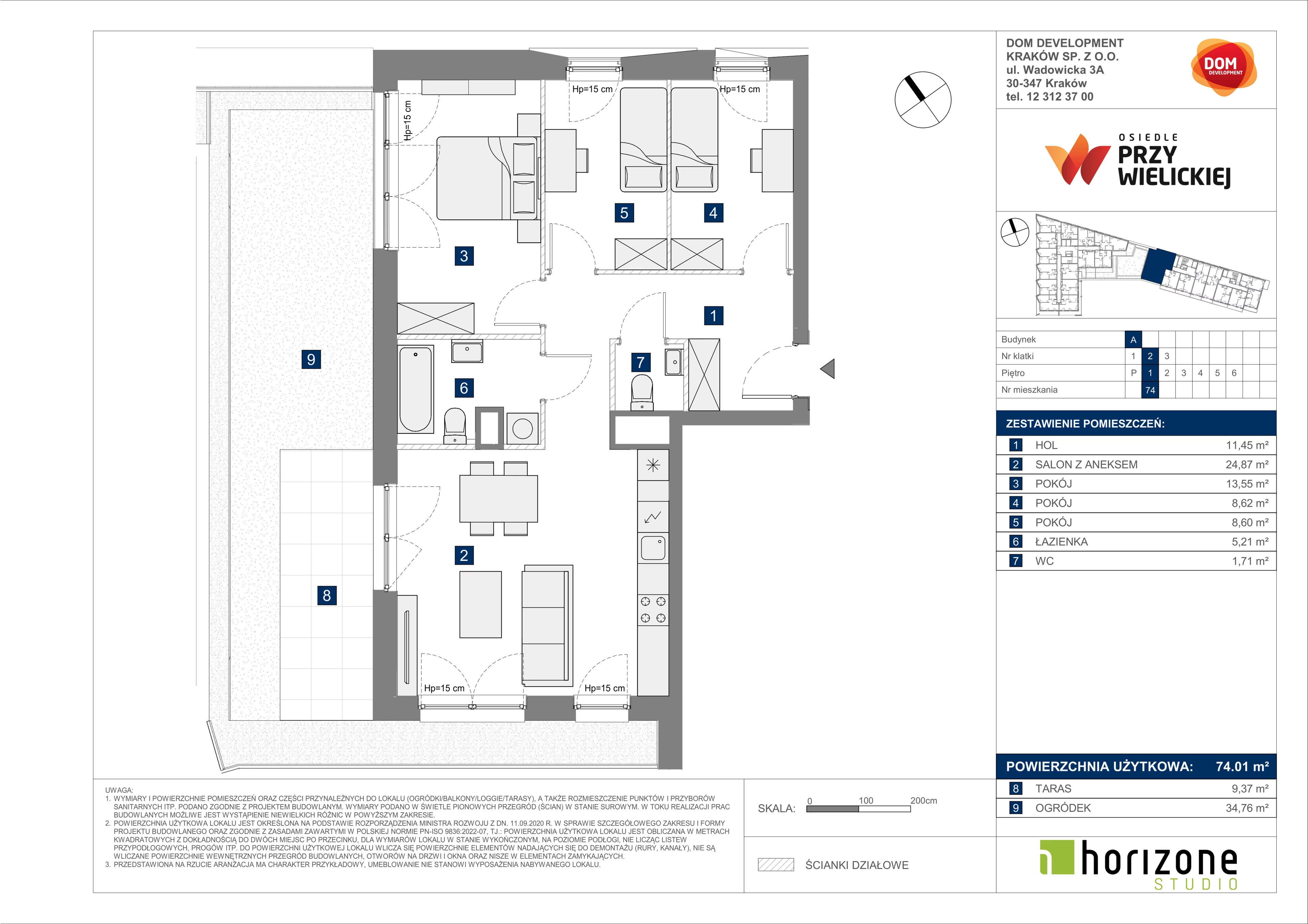 4 pokoje, mieszkanie 74,01 m², piętro 1, oferta nr A/74, Osiedle przy Wielickiej, Kraków, Bieżanów-Prokocim, ul. Marii Orwid 1