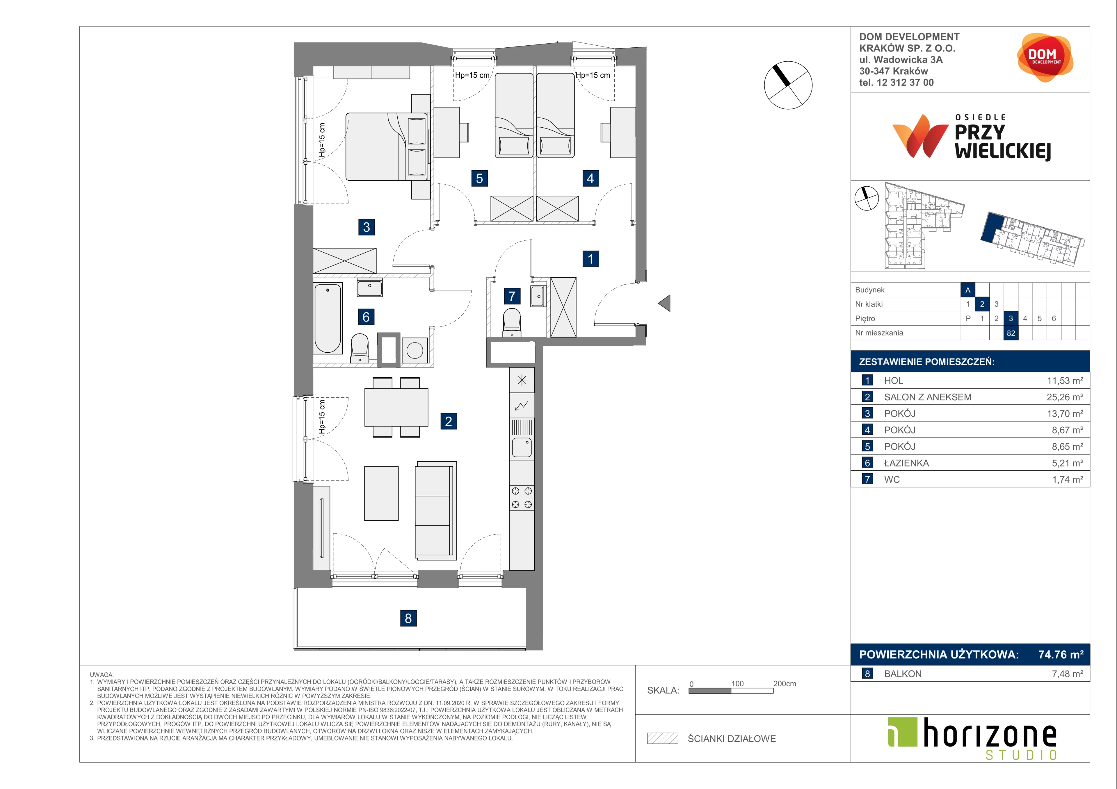 4 pokoje, mieszkanie 74,76 m², piętro 3, oferta nr A/82, Osiedle przy Wielickiej, Kraków, Bieżanów-Prokocim, ul. Marii Orwid 1