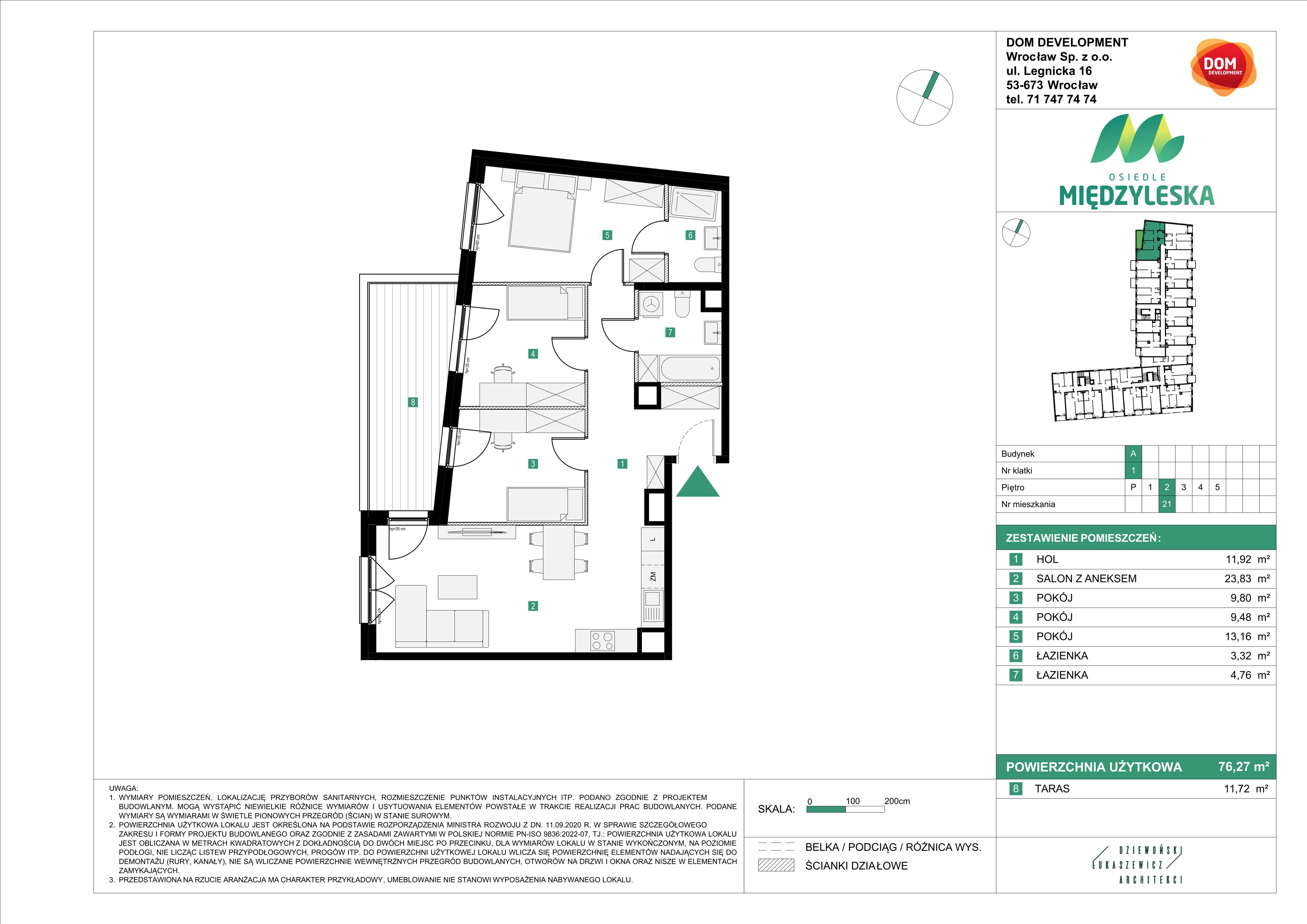 4 pokoje, mieszkanie 76,27 m², piętro 2, oferta nr A/21, Osiedle Międzyleska, Wrocław, Tarnogaj, Krzyki, ul. Międzyleska 6b