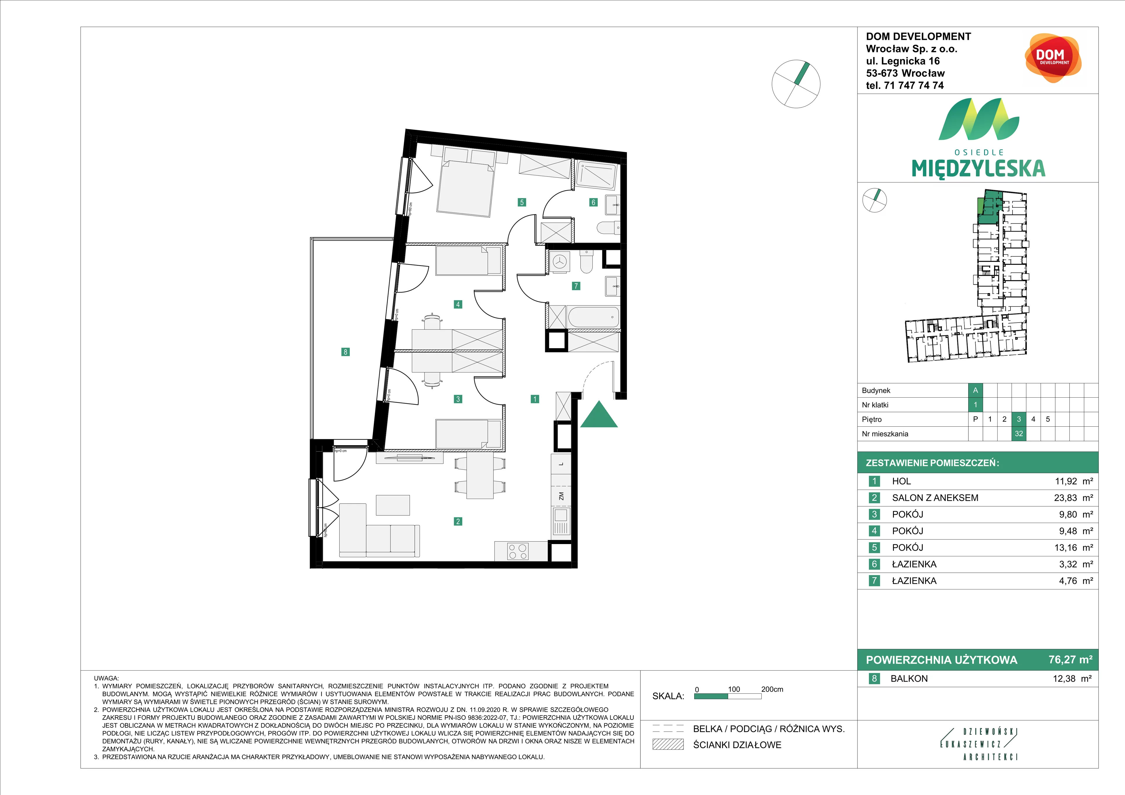 4 pokoje, mieszkanie 76,27 m², piętro 3, oferta nr A/32, Osiedle Międzyleska, Wrocław, Tarnogaj, Krzyki, ul. Międzyleska 6b