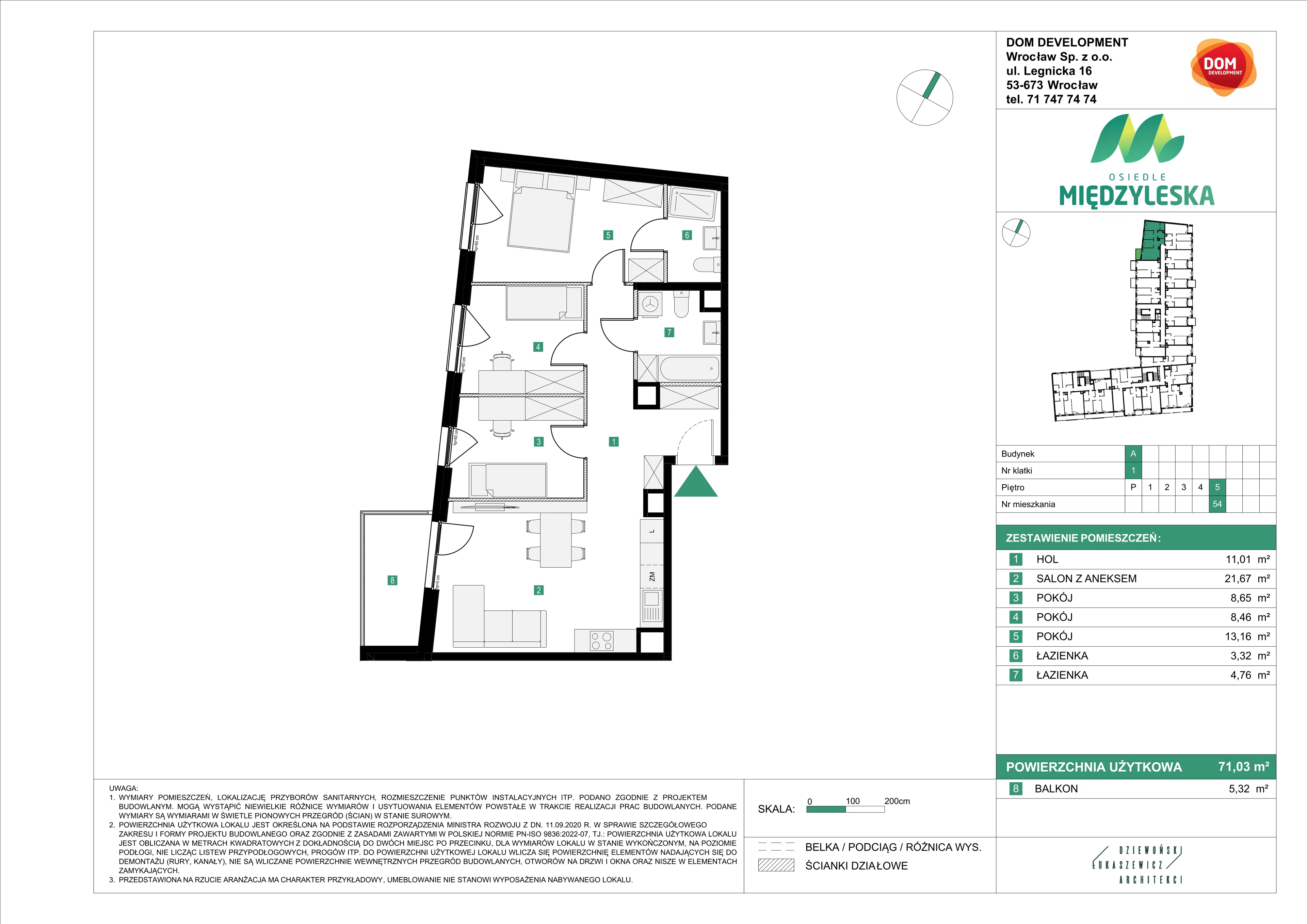 4 pokoje, mieszkanie 71,03 m², piętro 5, oferta nr A/54, Osiedle Międzyleska, Wrocław, Tarnogaj, Krzyki, ul. Międzyleska 6b