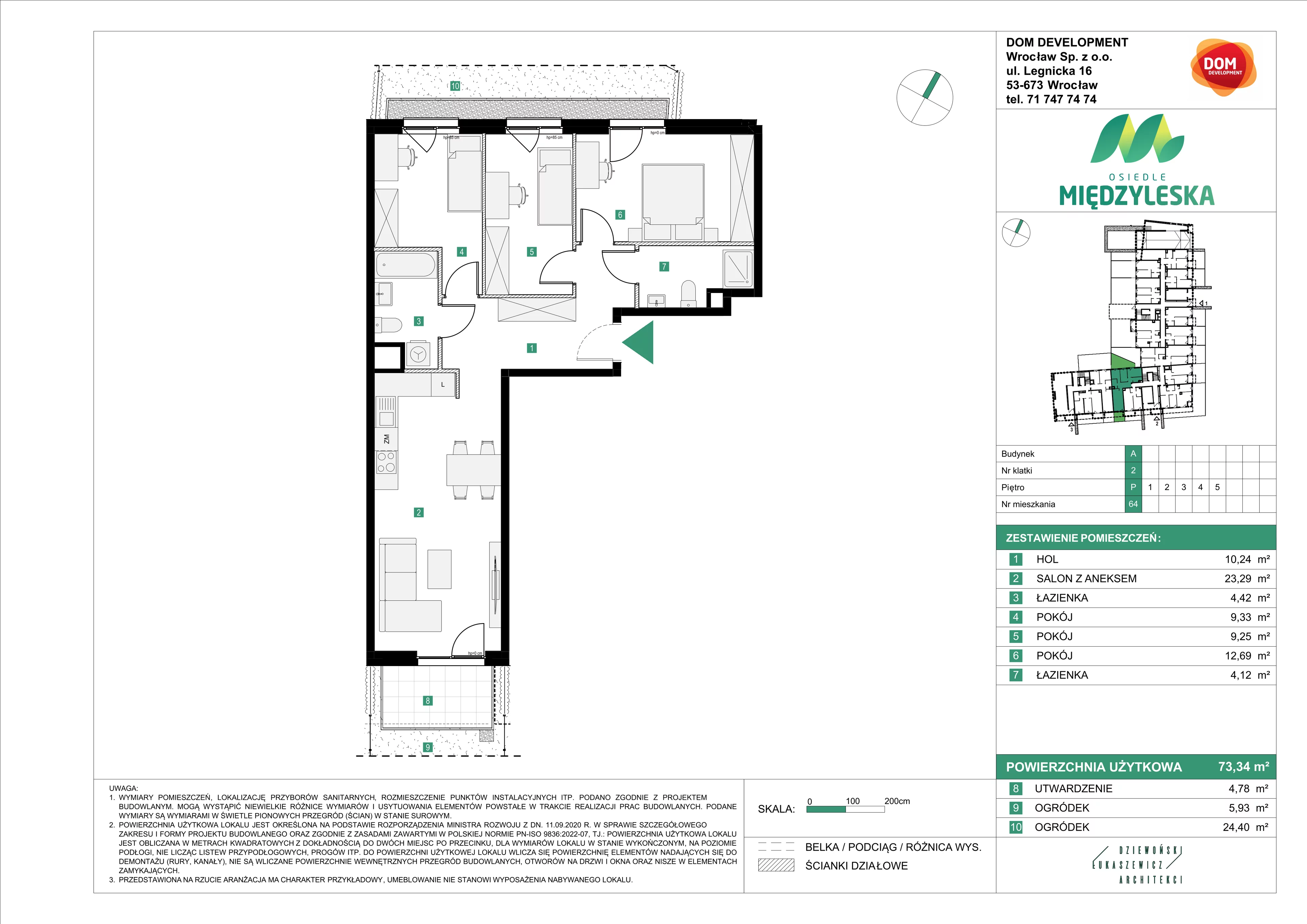 4 pokoje, mieszkanie 73,34 m², parter, oferta nr A/64, Osiedle Międzyleska, Wrocław, Tarnogaj, Krzyki, ul. Międzyleska 6b