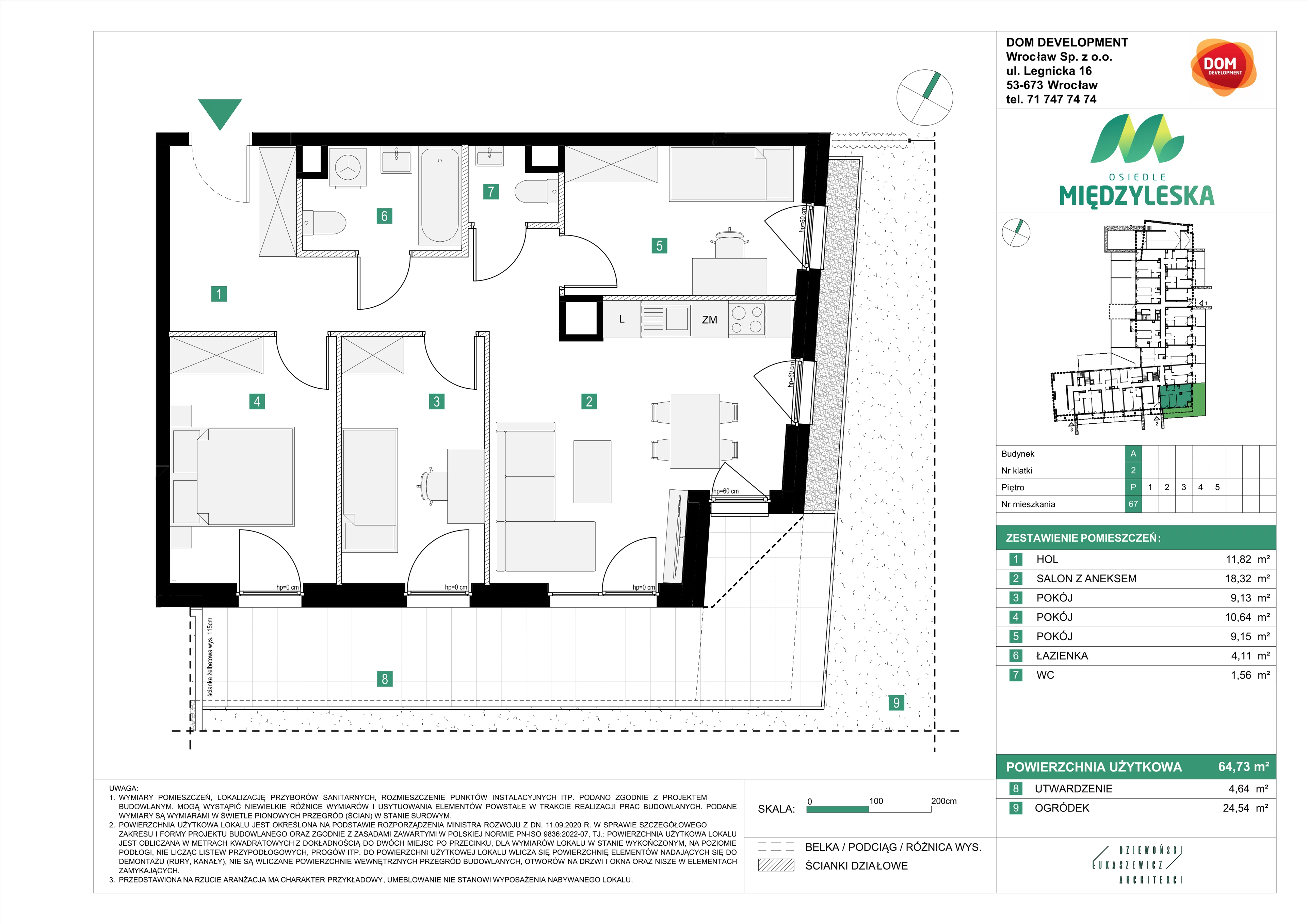 4 pokoje, mieszkanie 64,73 m², parter, oferta nr A/67, Osiedle Międzyleska, Wrocław, Tarnogaj, Krzyki, ul. Międzyleska 6b