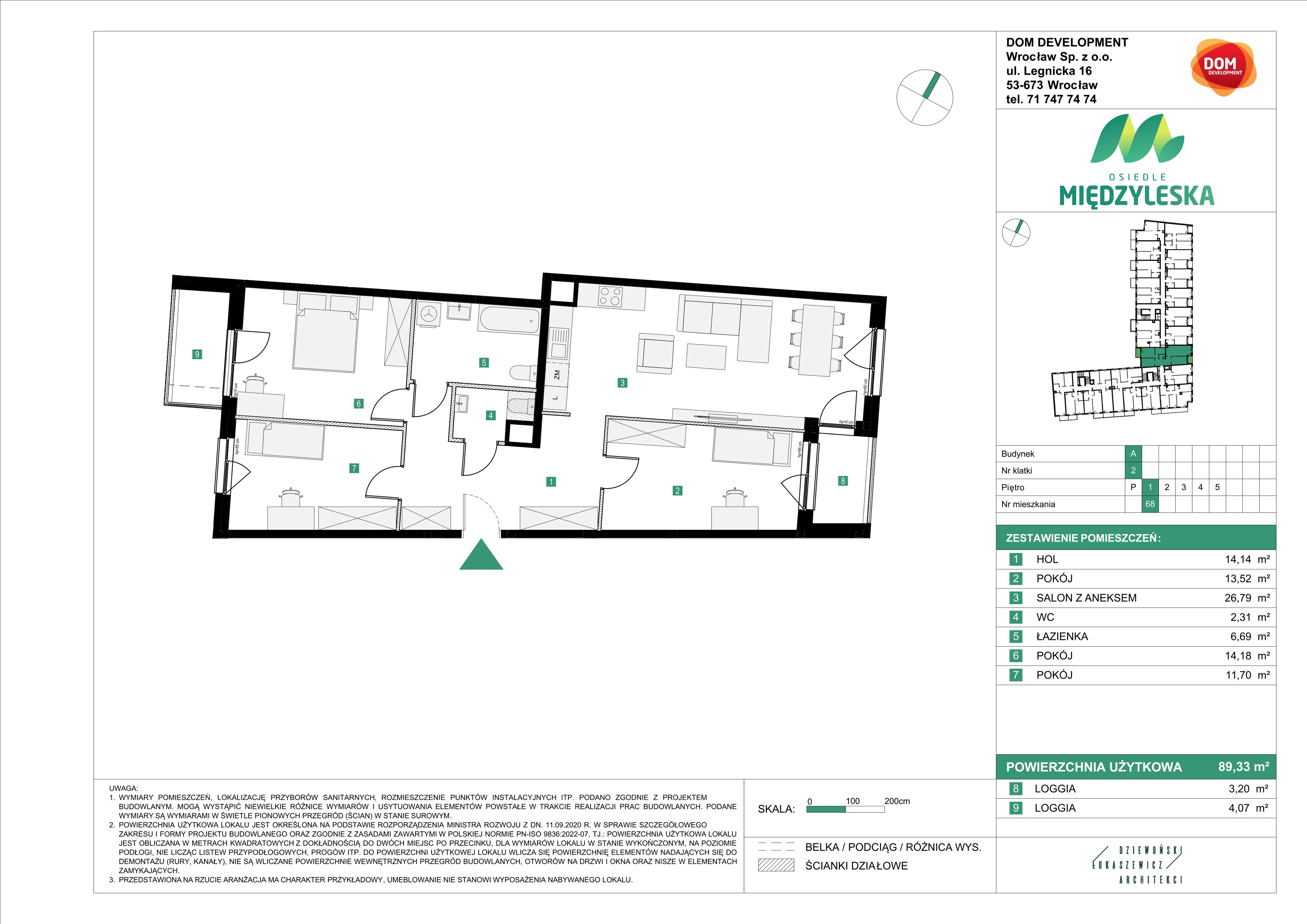 4 pokoje, mieszkanie 89,33 m², piętro 1, oferta nr A/68, Osiedle Międzyleska, Wrocław, Tarnogaj, Krzyki, ul. Międzyleska 6b
